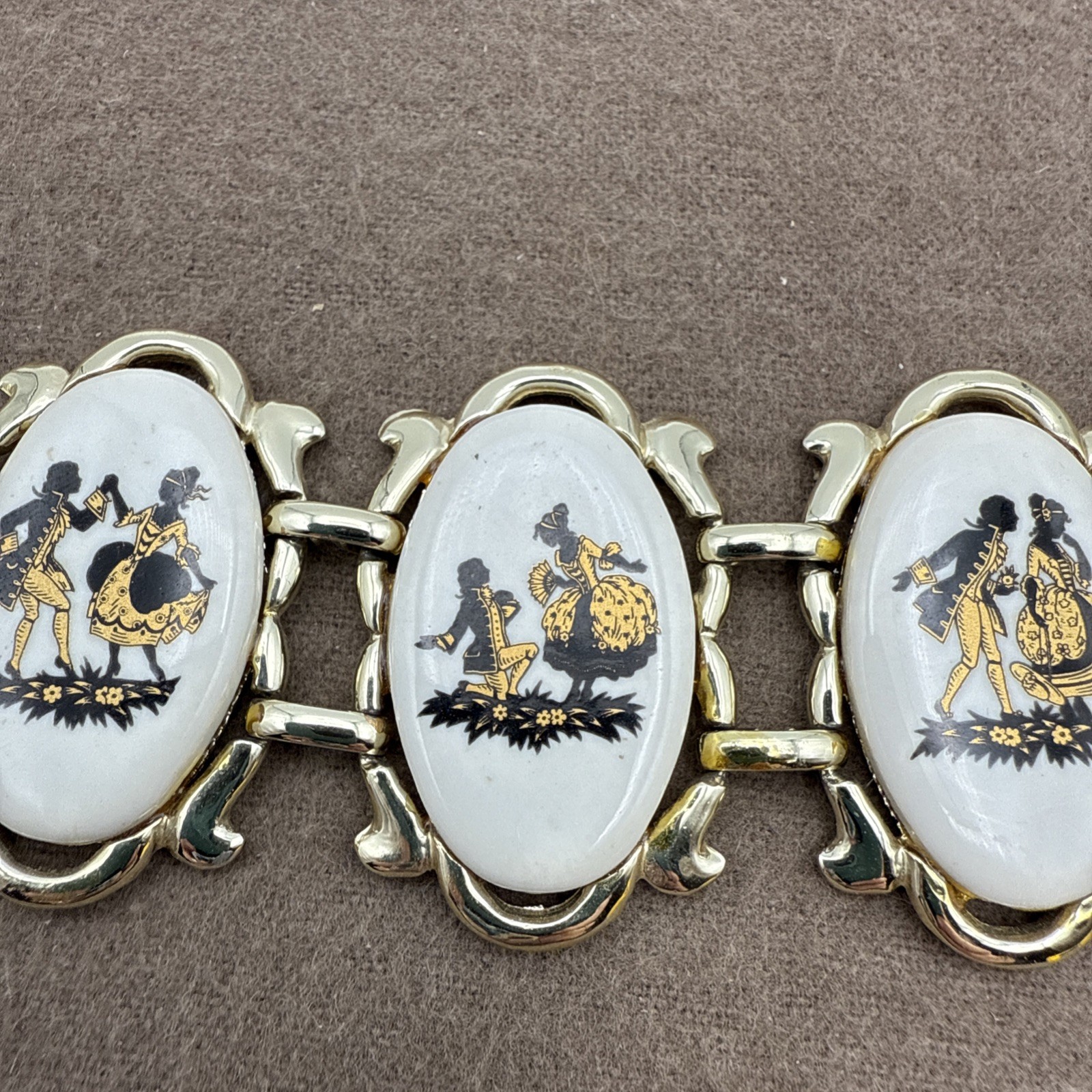 Vintage Countess Porcelain Courting Couple Bracelet Black Gold on White