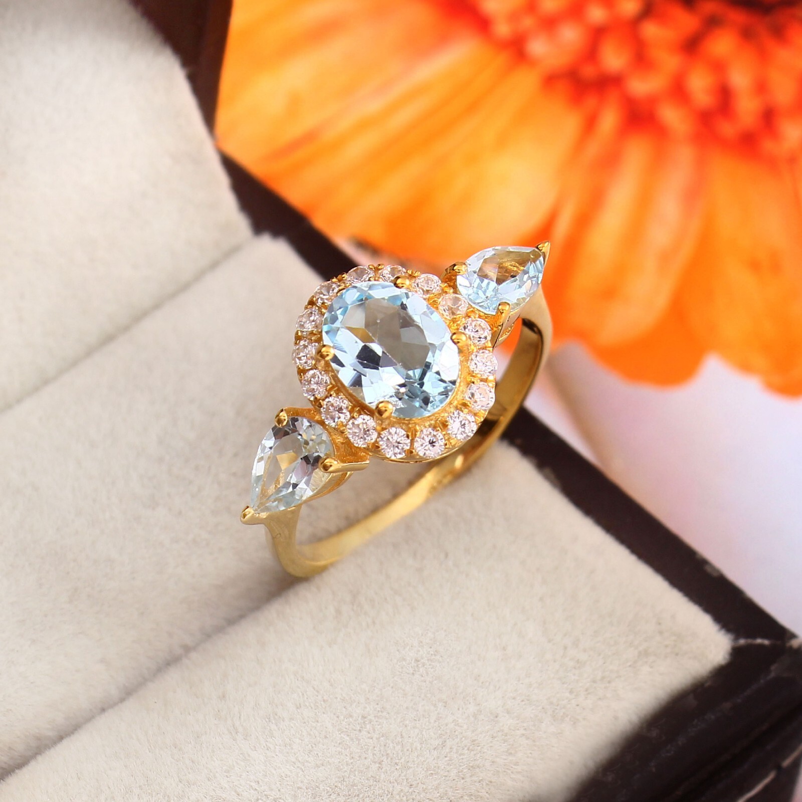 Natural Blue Topaz Halo Ring 925 Sterling Silver Gold Plated Handmade Halo Ring
