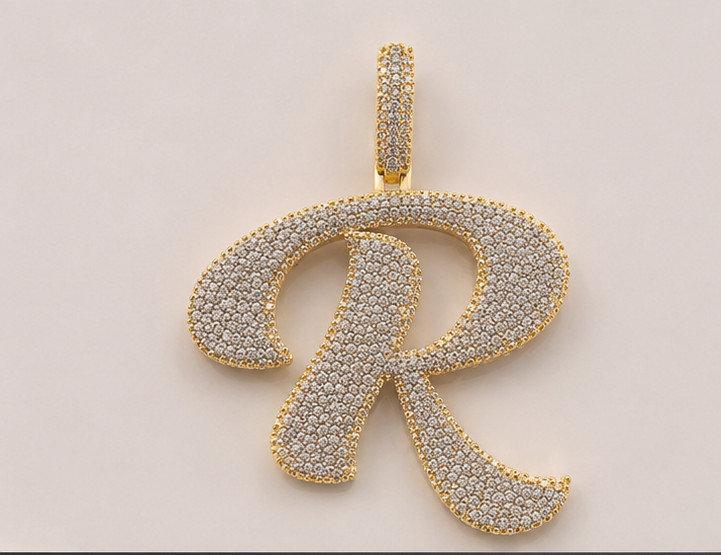 5 Ct Moissanite Initial “R” Pendant–14K Yellow Gold Plated Iced Out Letter Charm