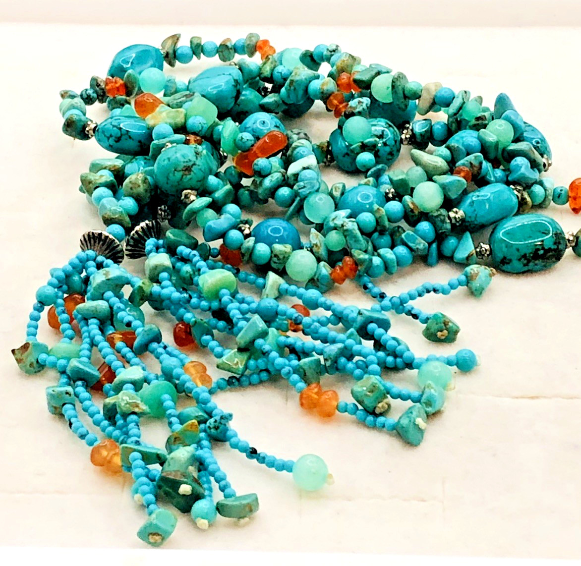 Vtg 58 Inch Beaded Tassel Lariat Necklace Sterling, Turquoise , Chrysoprase etc.