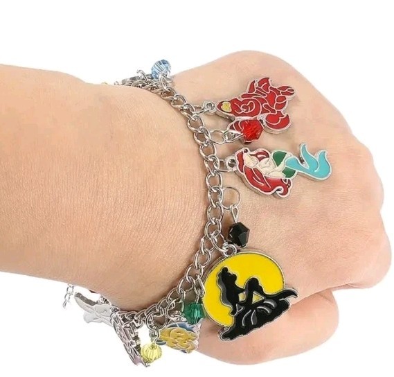 Little Mermaid Charm Bracelet And Necklace Set.Enamel Silvertone All Ages