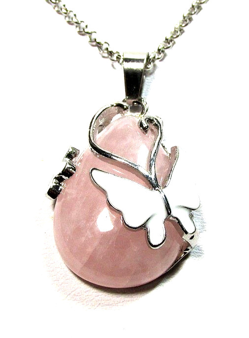 Silver Tone Rose Quartz Teardrop Butterfly Pendant 17″ Necklace – NWOT (#2931)