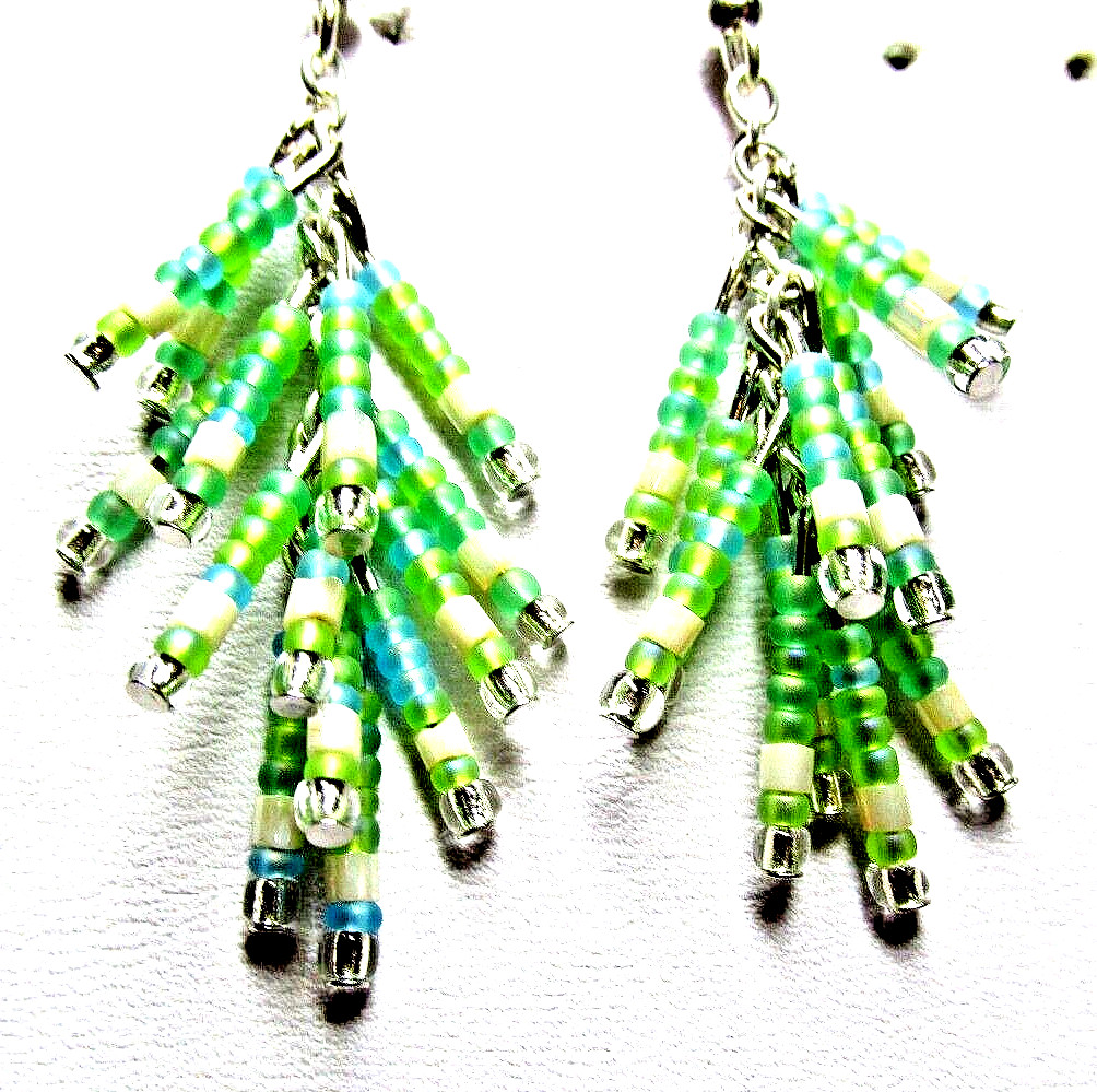 Silver Green, Blue & Ivory Glass Seed Beaded Tassel Pierced Earrings -NEW (#290)