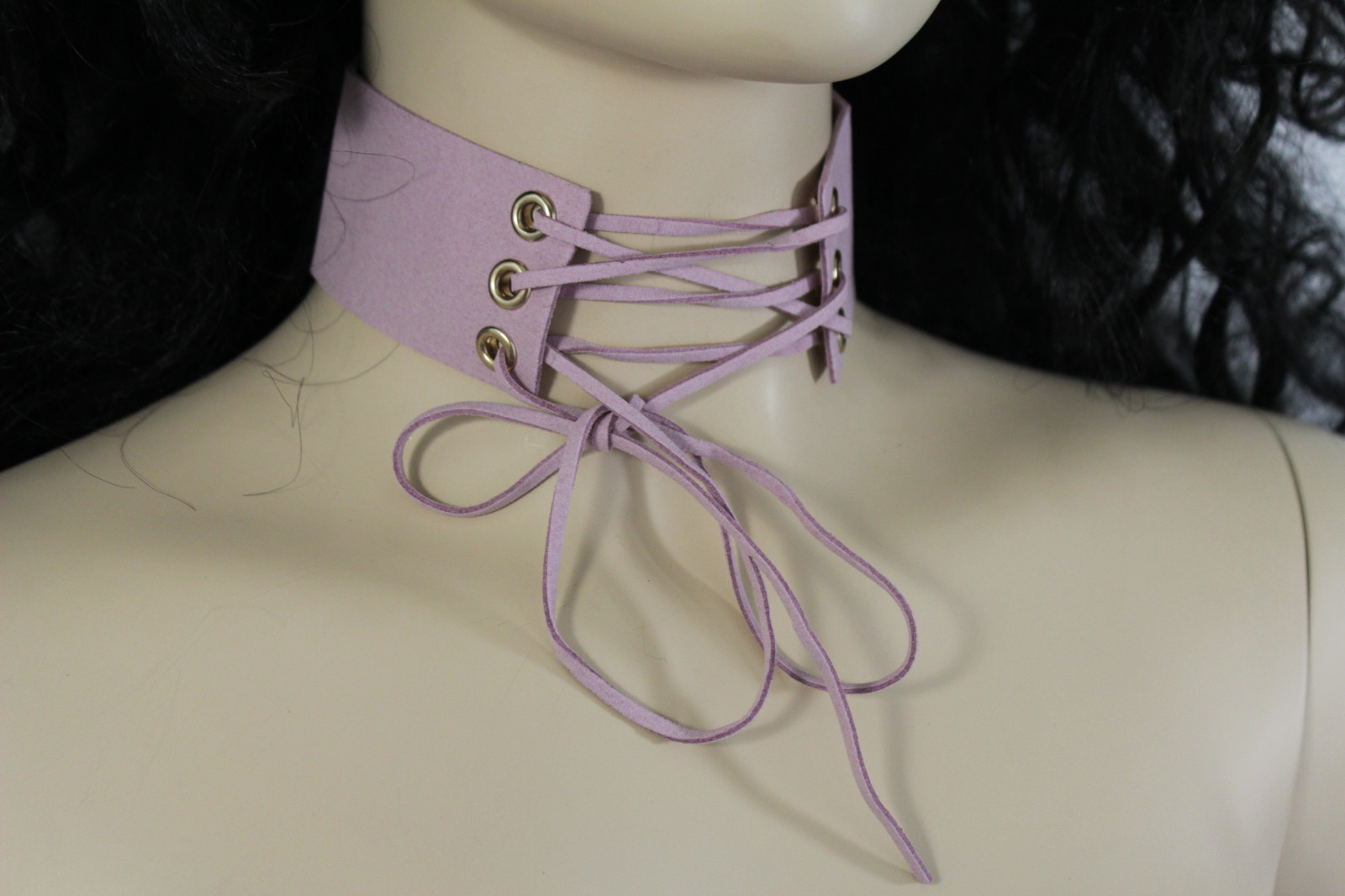 NEW Women Pastel Pink Faux Leather Fabric Fashion Corset Choker Necklace Tie