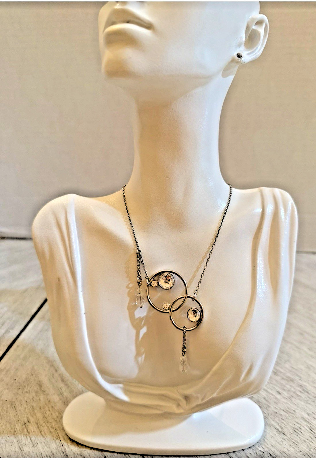 Swarovski Crystal Necklace Conjoined Circles Bezel Set Cascading Teardrop Signed