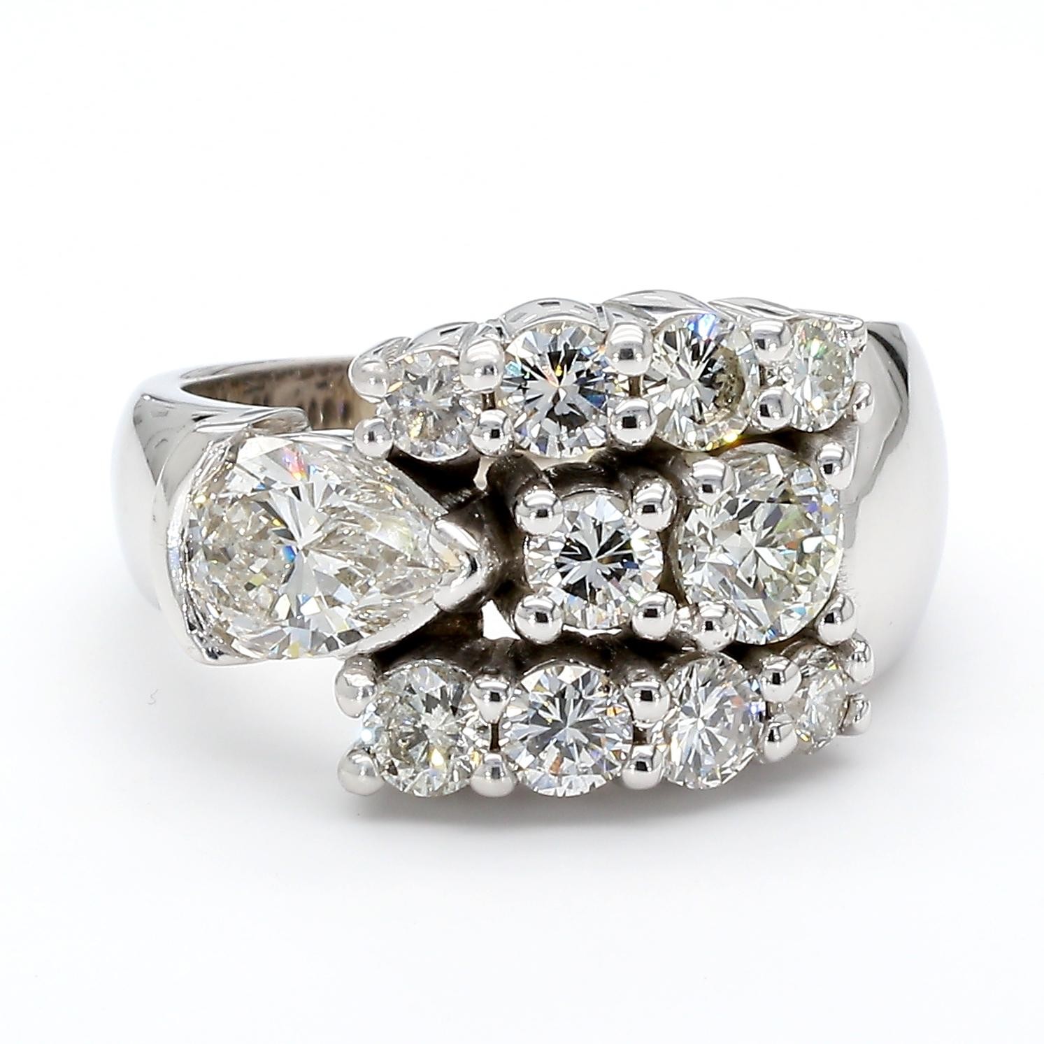 3.75 Carat Pear & Round Diamond 14K White Gold East West Bypass Cluster Ring
