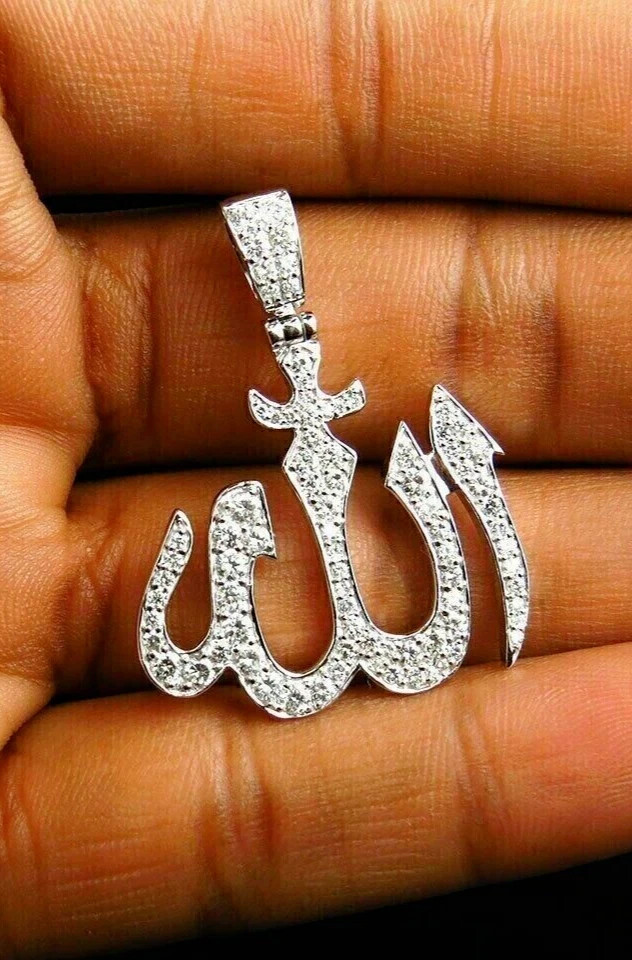 1.50Ct Round Cut Real Moissanite Men’s Allah Charm Pendant 14k White Gold Plated