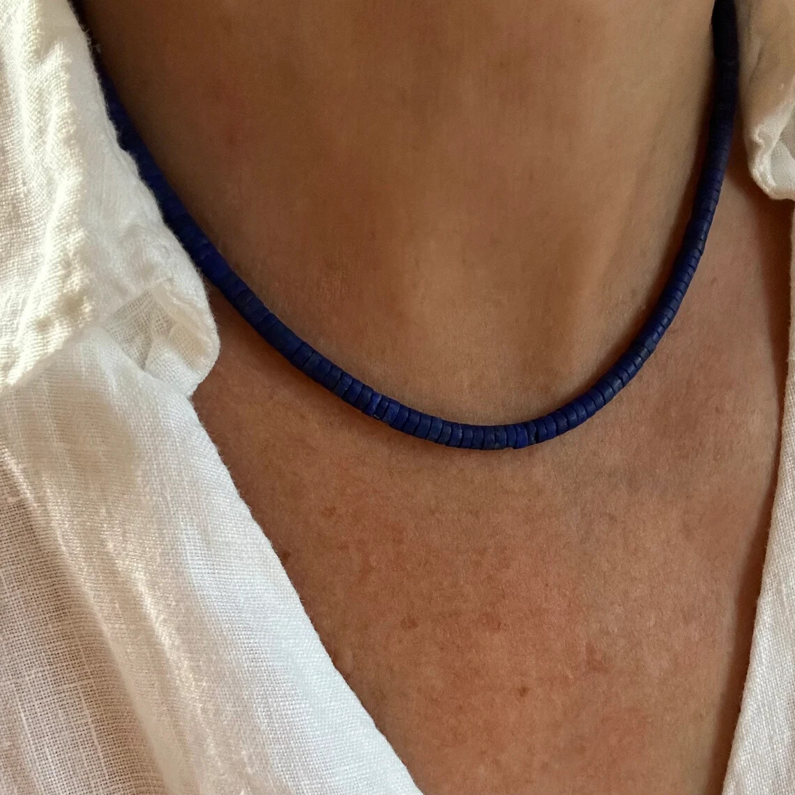 Blue Lapis Heishi Necklace, 4mm Thin Royal Blue Beaded Gemstone Layering Choker