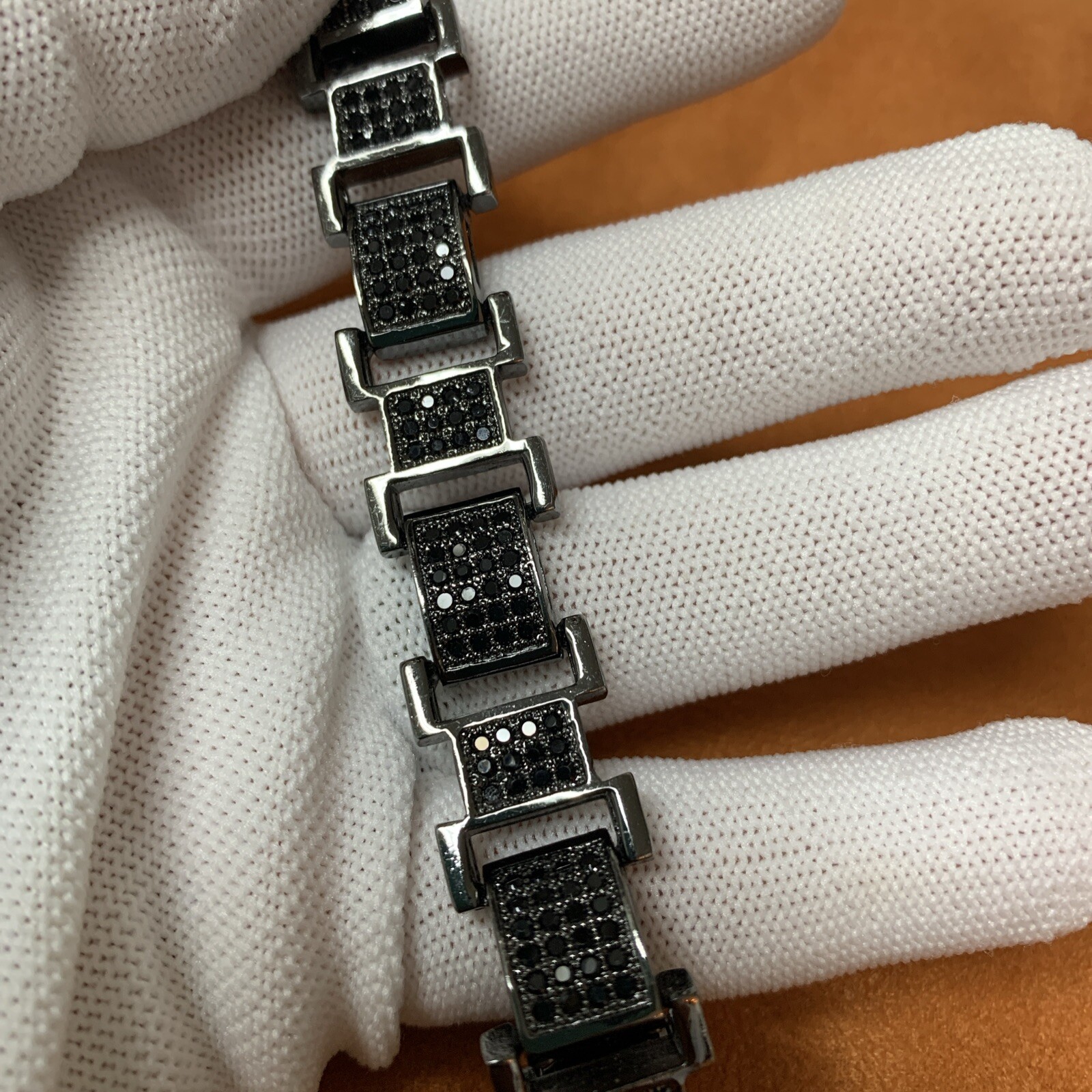 Stainless Steel Link Bracelet with Pave Simulated Black Diamonds.