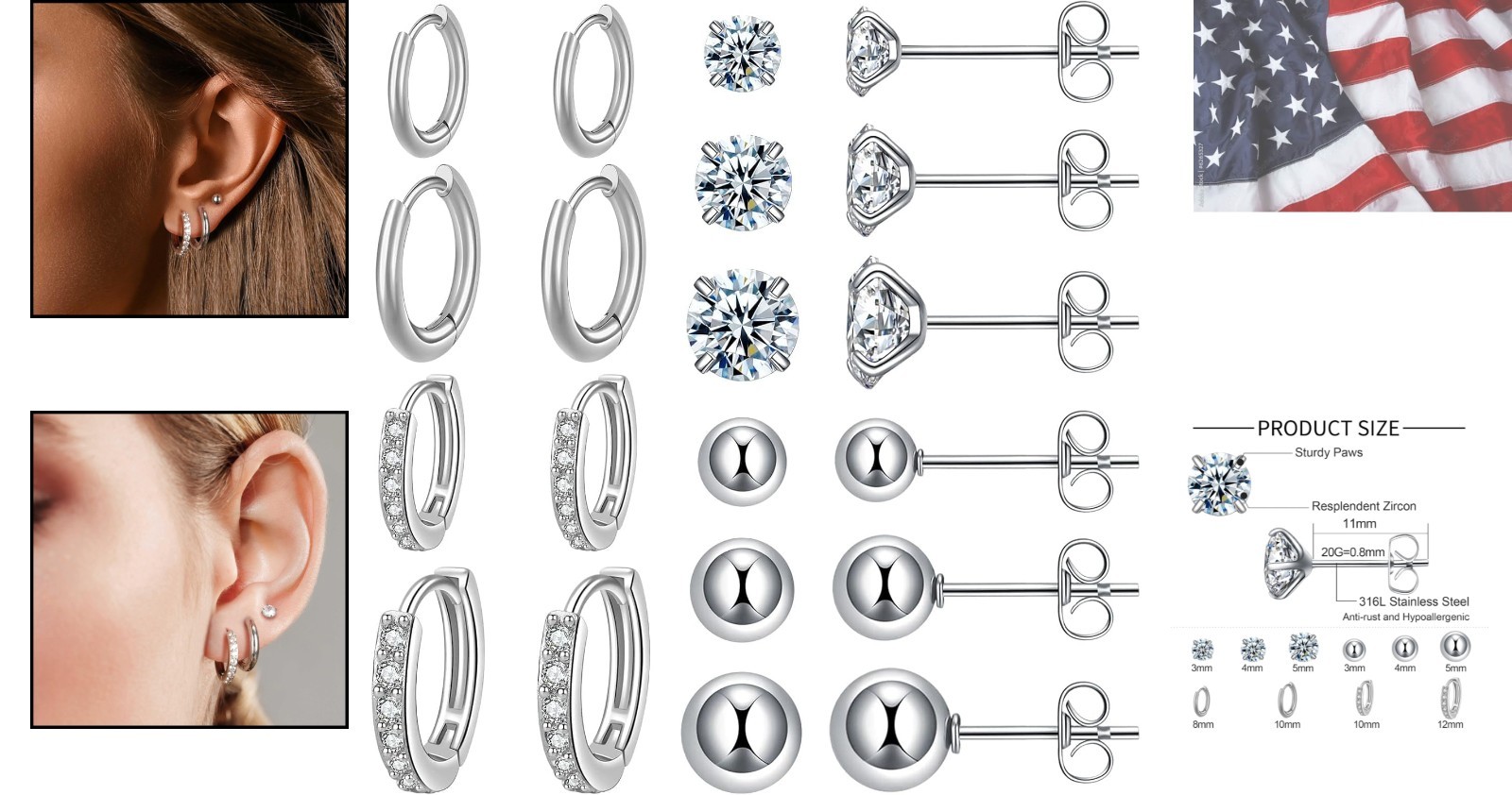 Stylish Surgical Steel Earrings Set: 10 Pairs Lightweight Huggie and Stud Styles