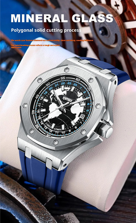 Men’s Full Automatic Mechanical Octagon Watch 12/24Hours 3 Hands Date 3Atm 3 Col