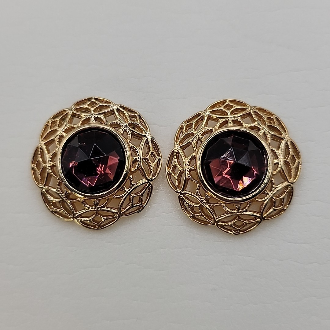 Faux Amethyst Colored Faceted Rhinestone Filigree Round Post Vintage Earrings