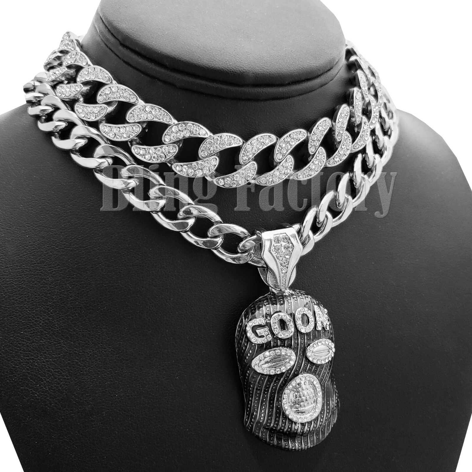 Hip Hop Rapper’s Masked Goon Pendant & 18″ Iced Cuban Choker Chain Necklace set