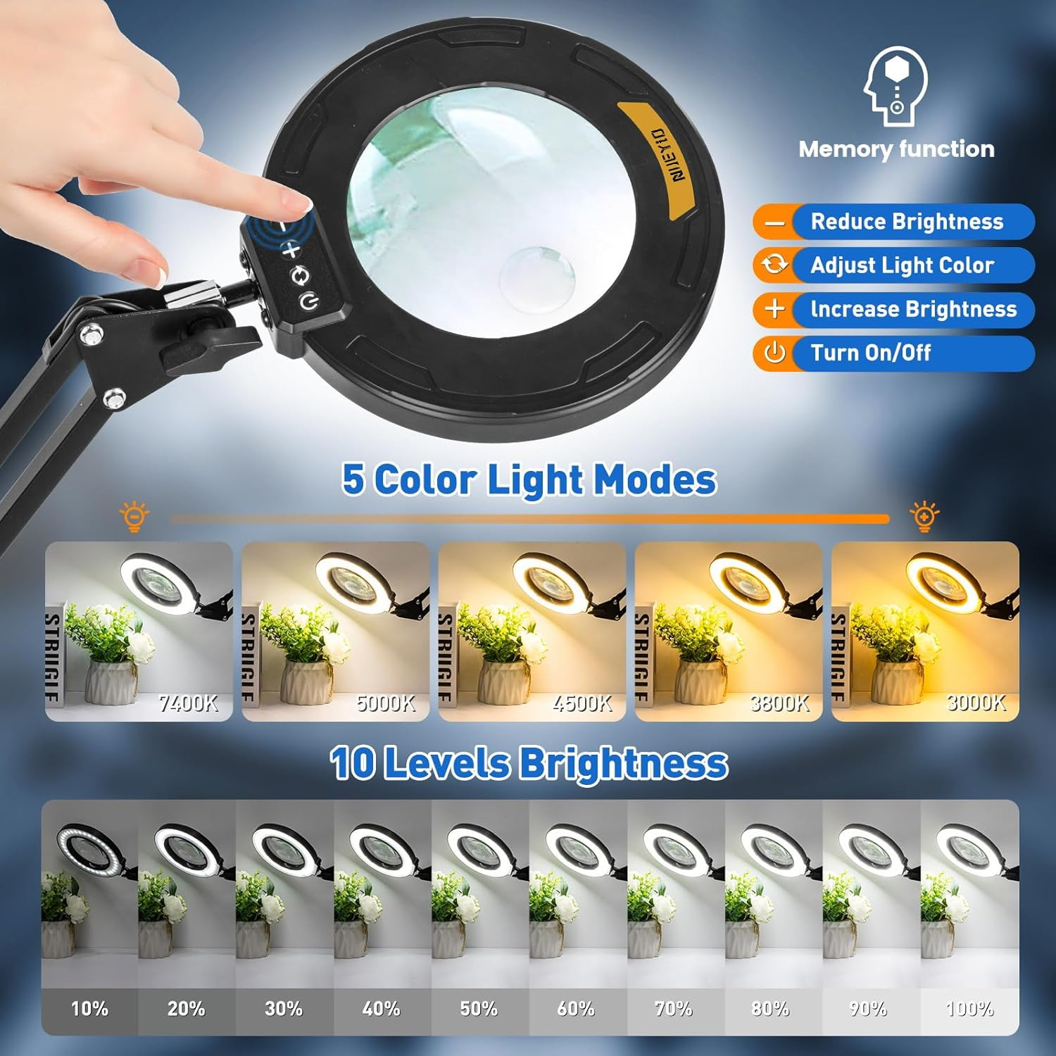 Ultra Long 3-Section Swing Arm 12X 30X Magnifying Glass with Light and Stand, 4-
