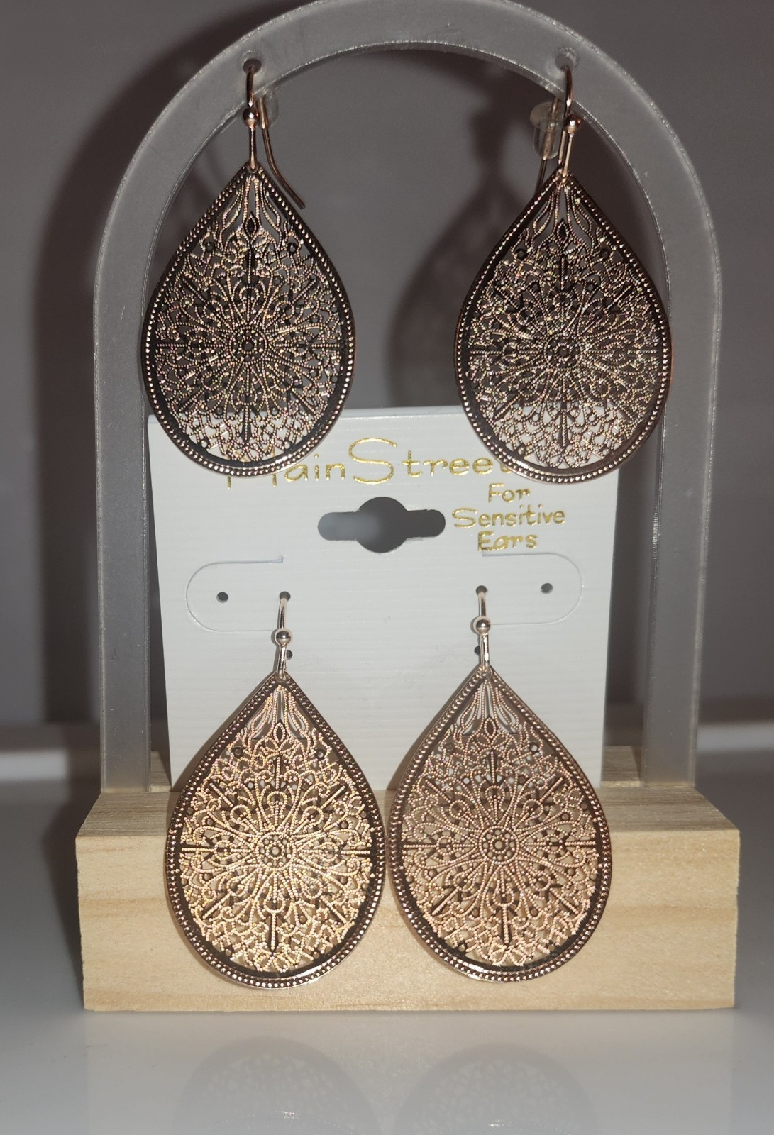 Large Delicate Filigree Teardrop Earrings: Silver, Gold & Rose Gold by Main St.
