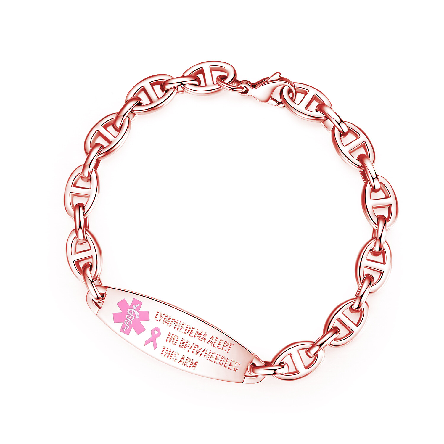 CUSTOM ENGRAVE Lymphedema Pink Ribbon Alert No BP/IV Needles Oval Link Bracelet