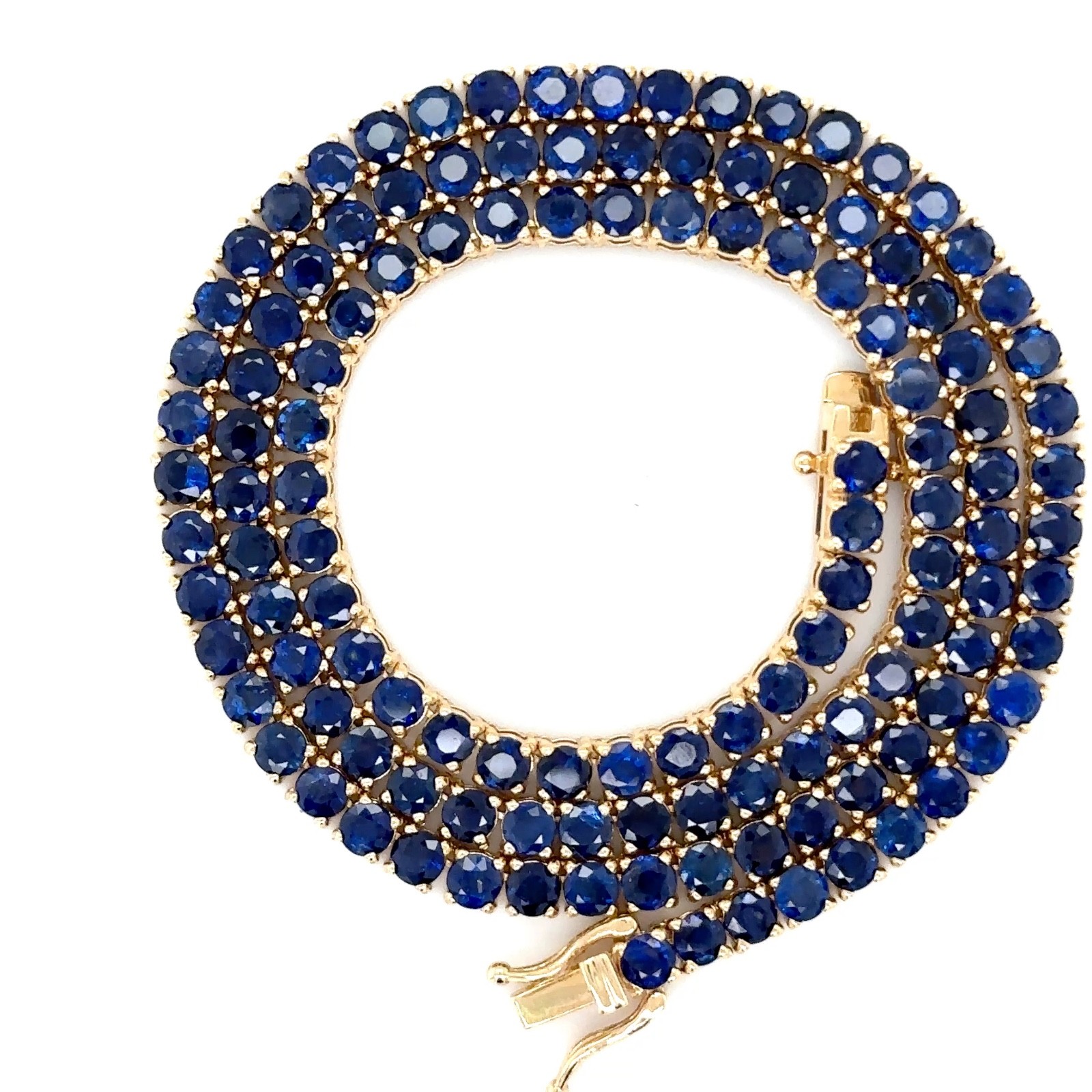 14K Yellow Gold 17″ Full Eternity Round Blue Sapphire Tennis Necklace 28.85ctw