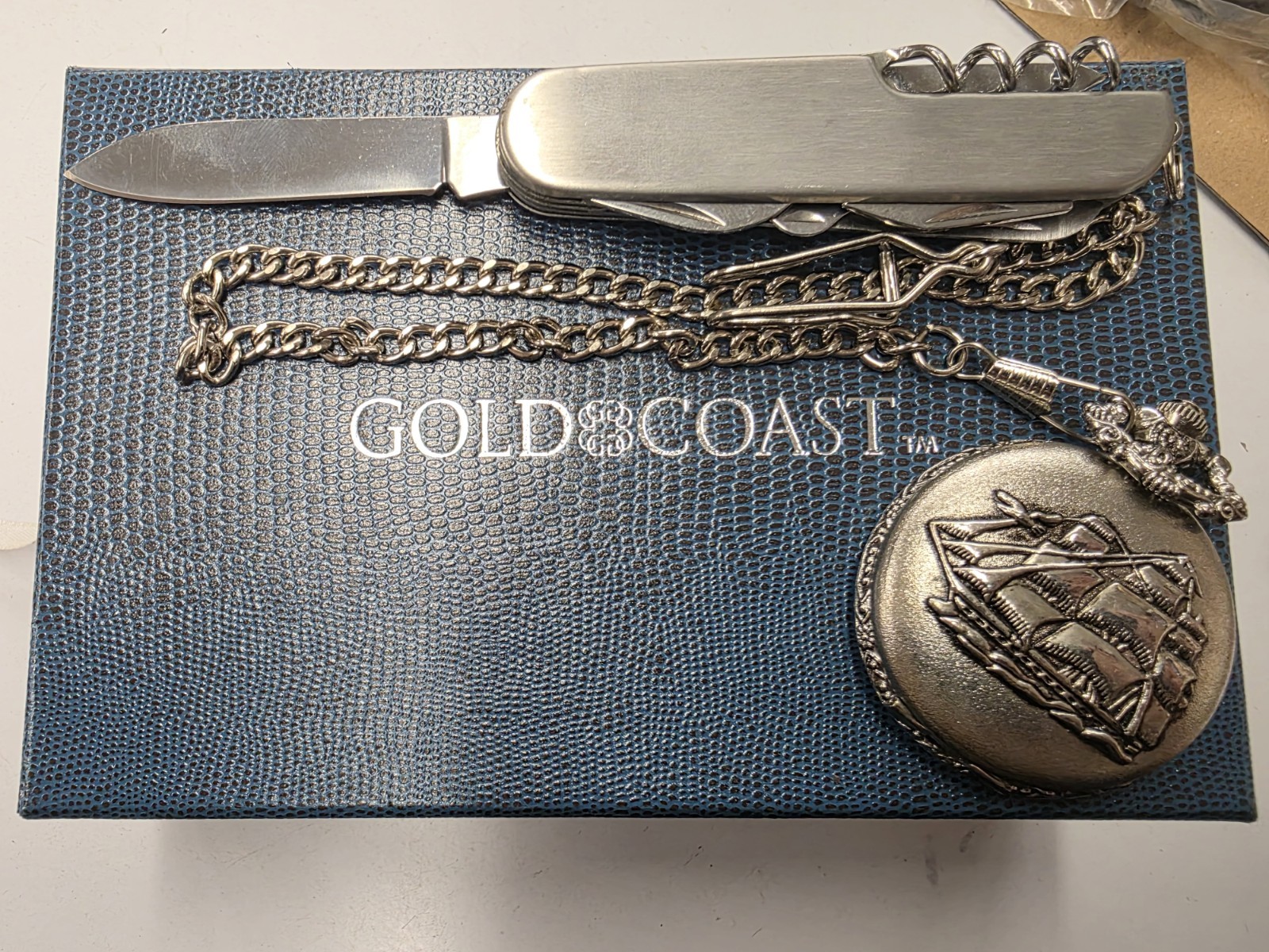 Gold Coast Quartz Pocket Watch and Multi Use Knife, Original Box