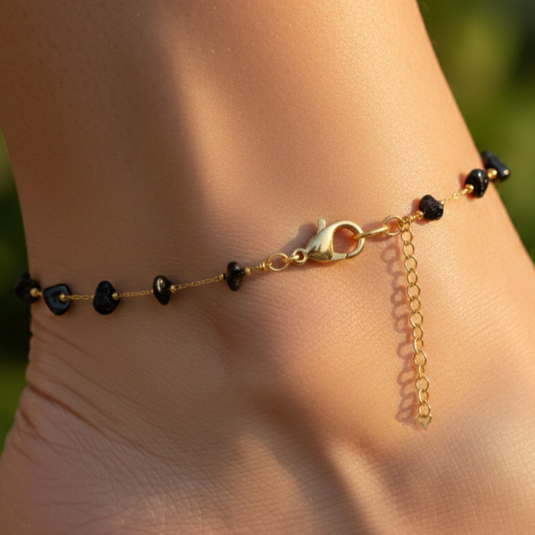 Elegant Gold Color Plated Black Tourmaline Stone Anklet Handmade Minimalist