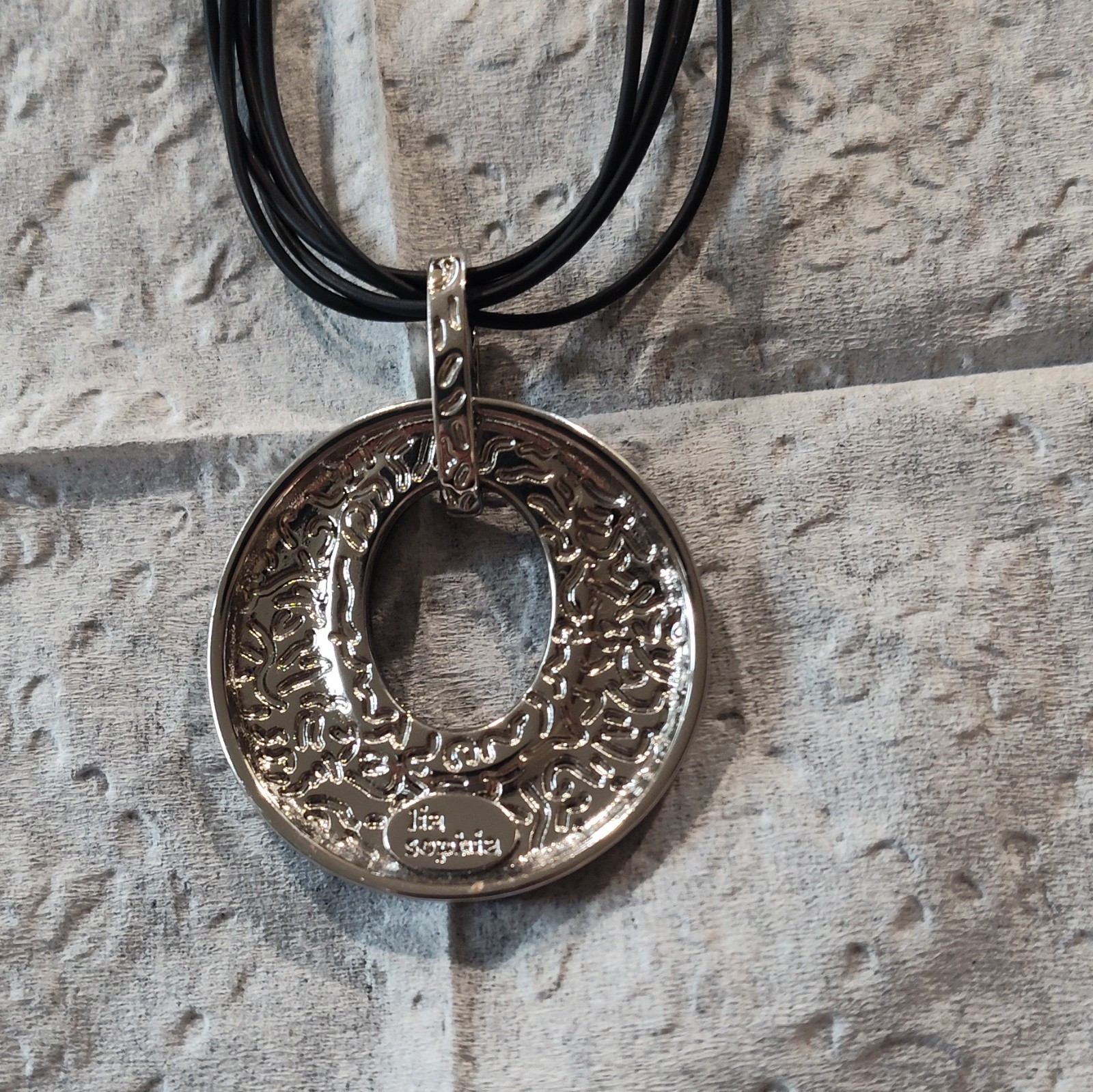 Black Multi-Strand Cord Necklace Round Silver Tone Pendant Rubber Metal Lobster