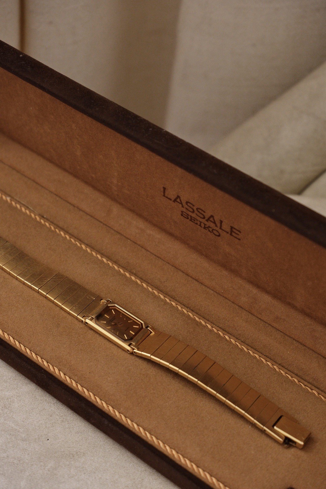 90s Vintage Ladies Ultra Thin Tank Lassale Seiko Gold Plated Watch in Box