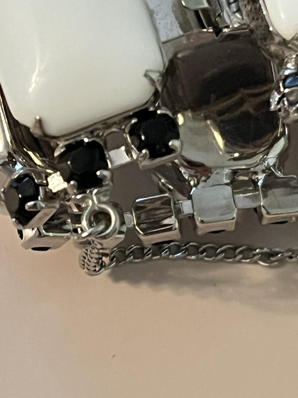 White Black Glass Rhinestone Bracelet Clip On Earrings Set Safety Chain Jewelry