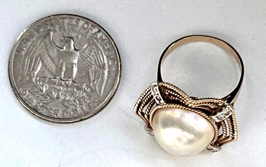 VINTAGE 8 DIAMOND & 12.4MM MABE PEARL 14K GOLD RING