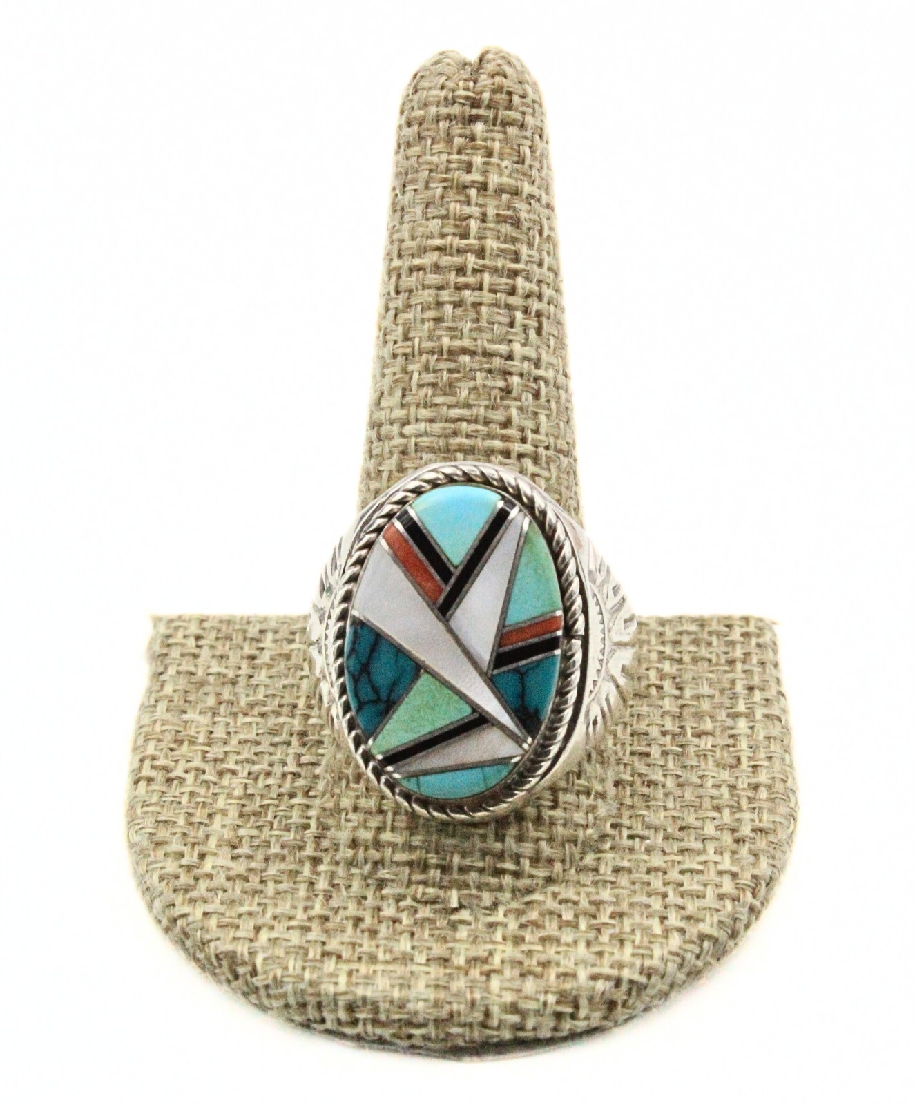 Marvelous Roger Skeet Jr Inlaid Turquoise MOP Coral Sterling Silver Navajo Ring