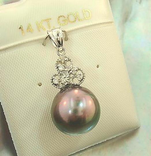 14k White Gold 12.2mm 13.04Cts Black Tahitian Pearl 0.06Cts Diamond Pendant #1