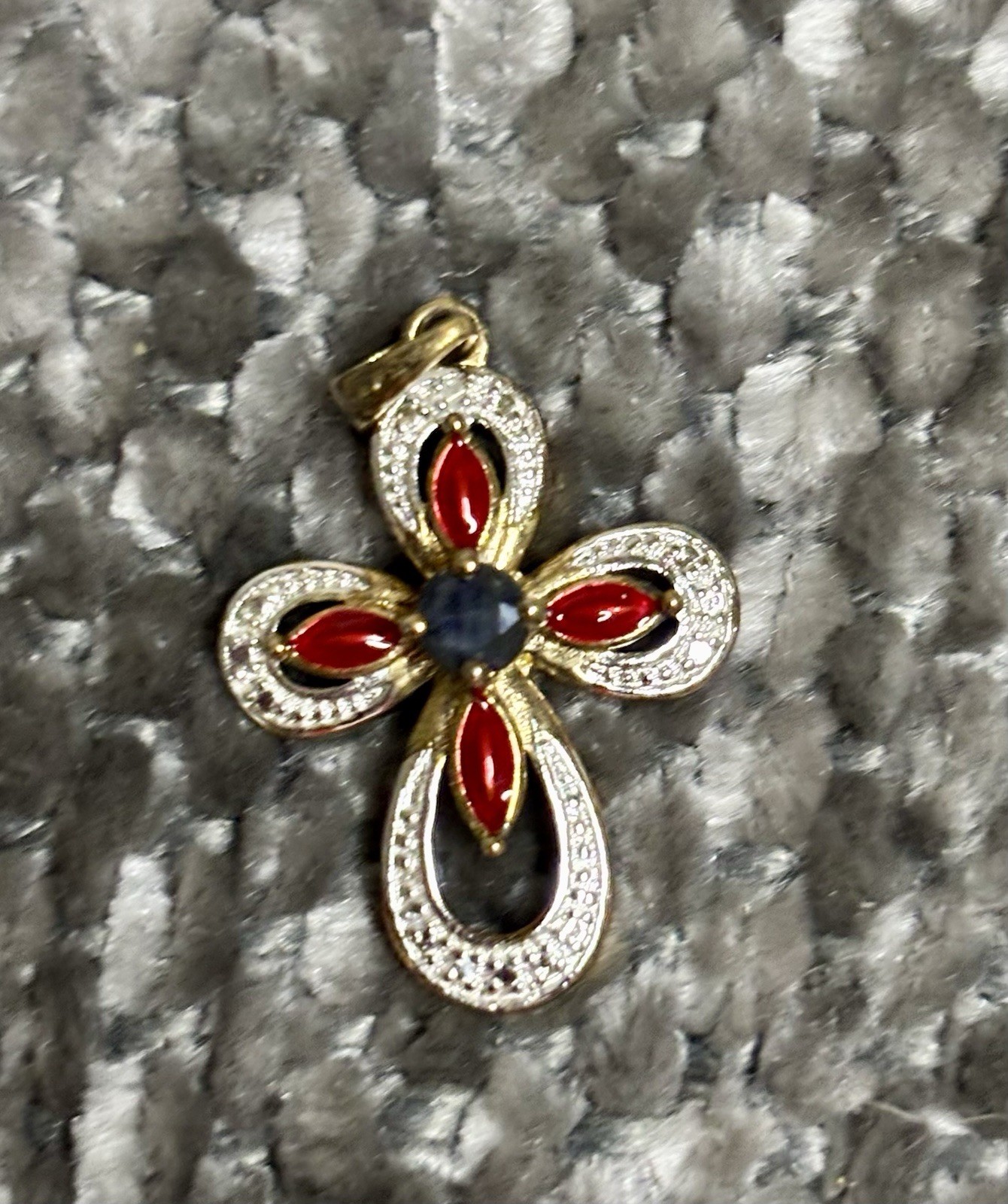 18 K Gold 925 Sterling Silver Cross With Red Enamel And Blue Sapphire