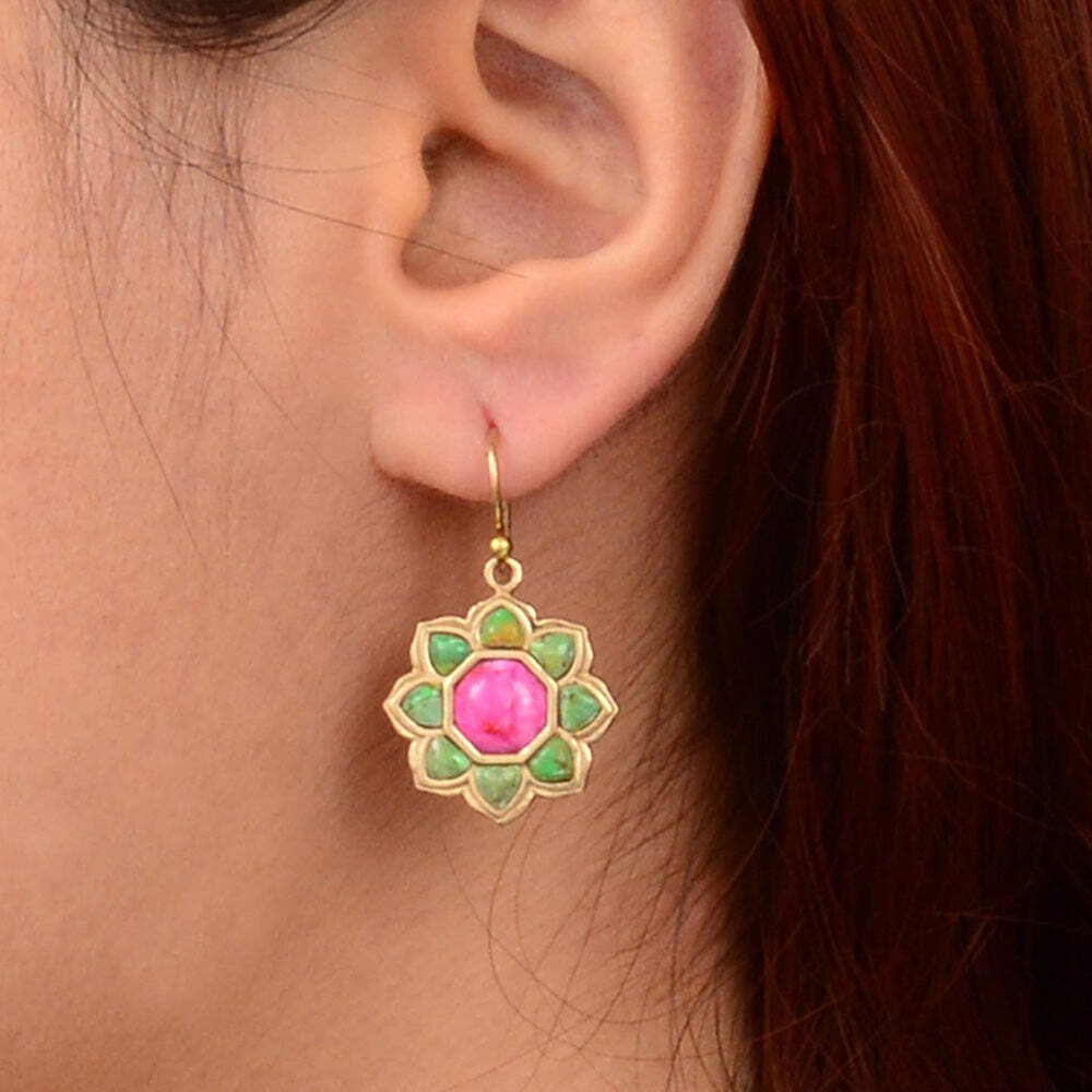 Fresh Fuchsia Pink and Lime Green Turquoise Golden Drop Earrings