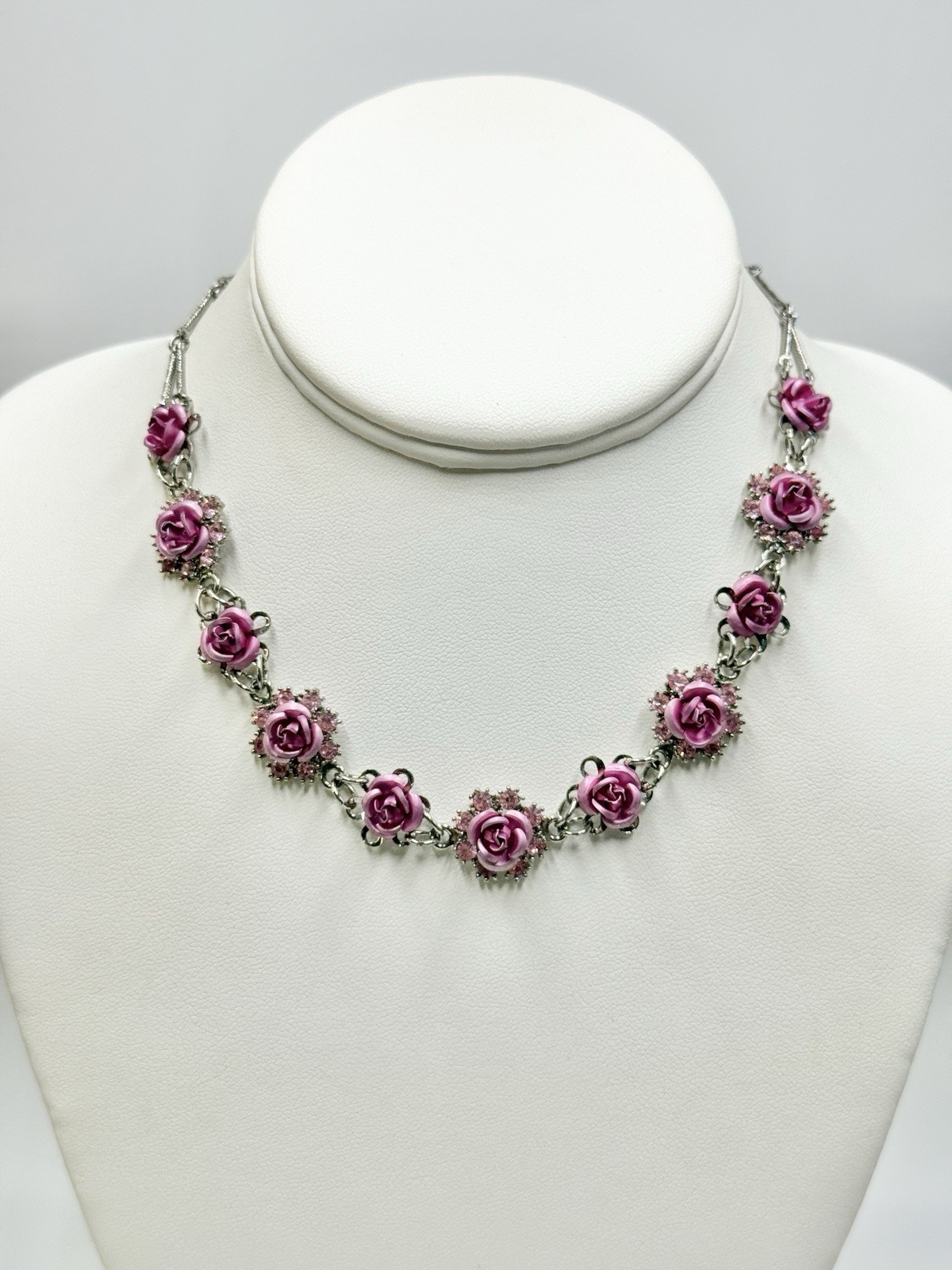 Necklace Avon Silver Tone Nina Ricci Pink Roses Pink Rhinestones Choker 14” 3” E