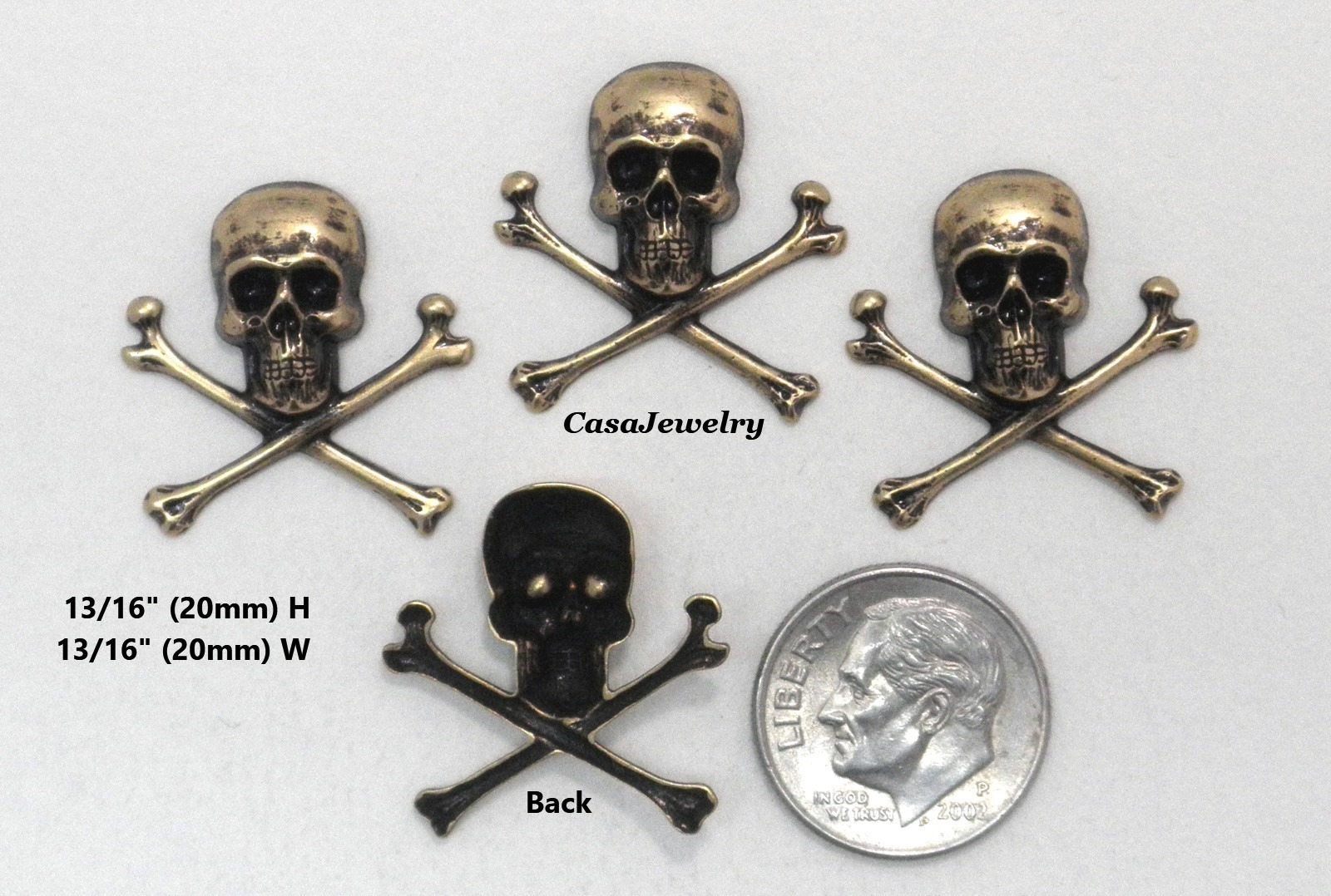 #2075 SM ANTIQUED GOLD SKULL + CROSS BONES – 4 Pc Lot