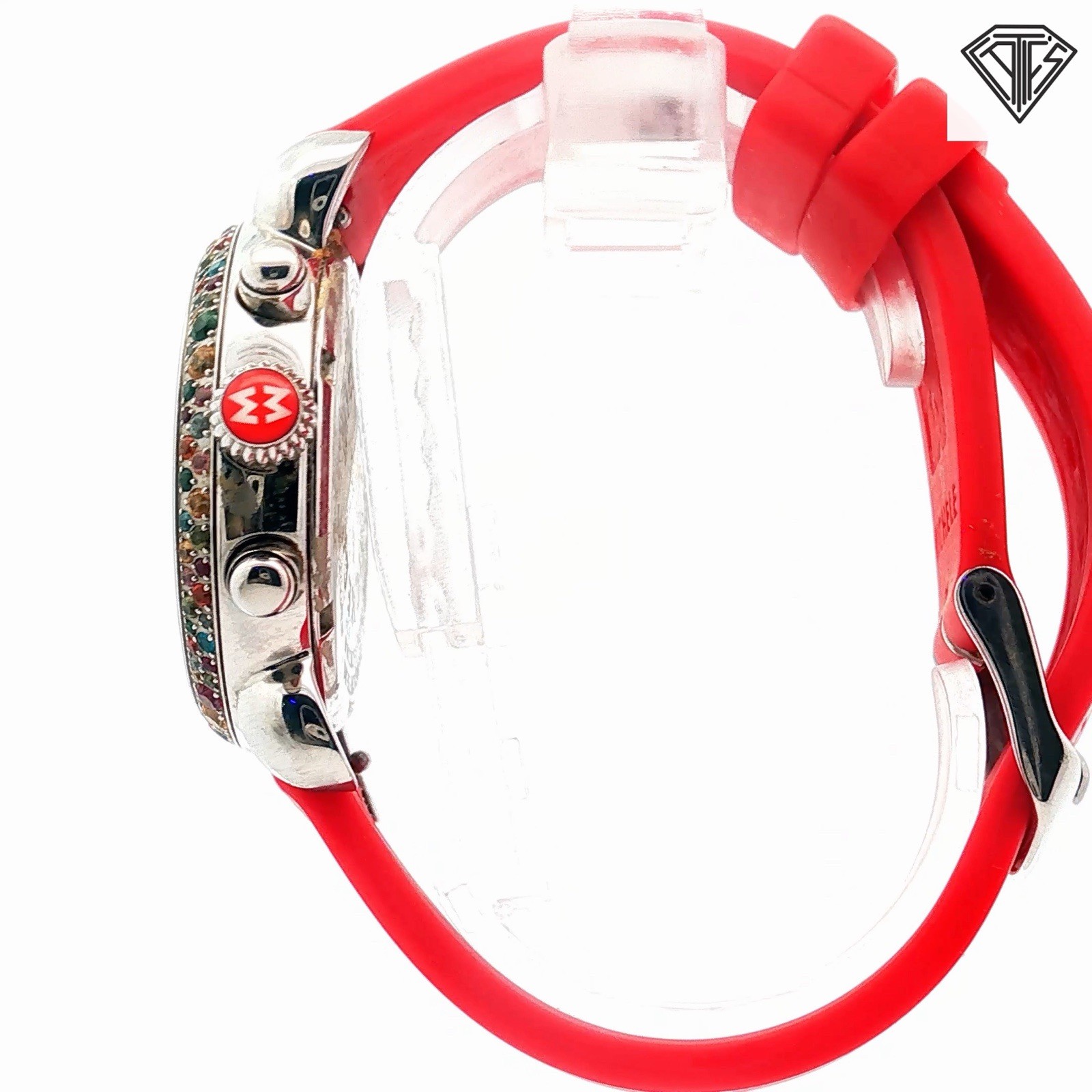 Pre Loved Michele Carousel CSX Multi Colored Stone Bezel Watch Red Silicone Band