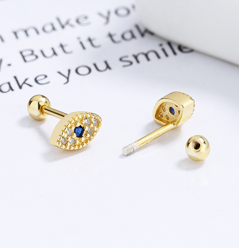EVIL EYE SCREW BACK STUD EARRINGS BLUE WHITE CZ SILVER Plated III7