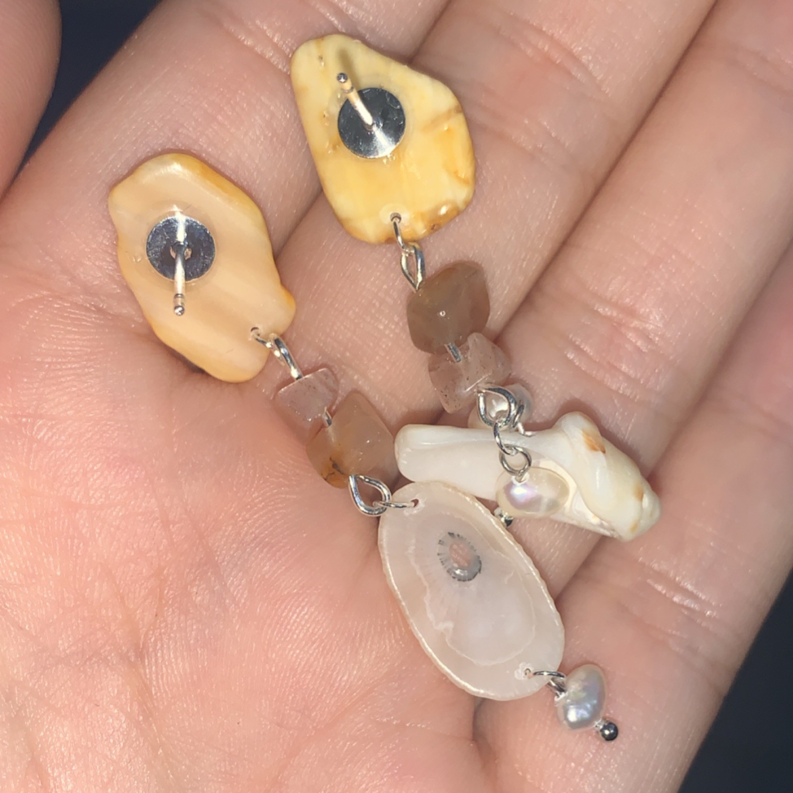 Handcrafted Shell & crystal Beaded Dangle Earrings White Beige Beach Nature Stud