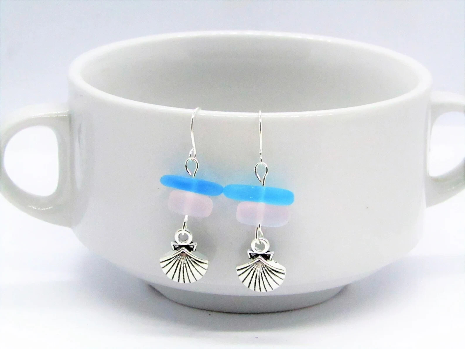 Frosted Pink & Blue Sea Glass Beach Stone Pebble Silver Charm SEASHELL Earrings