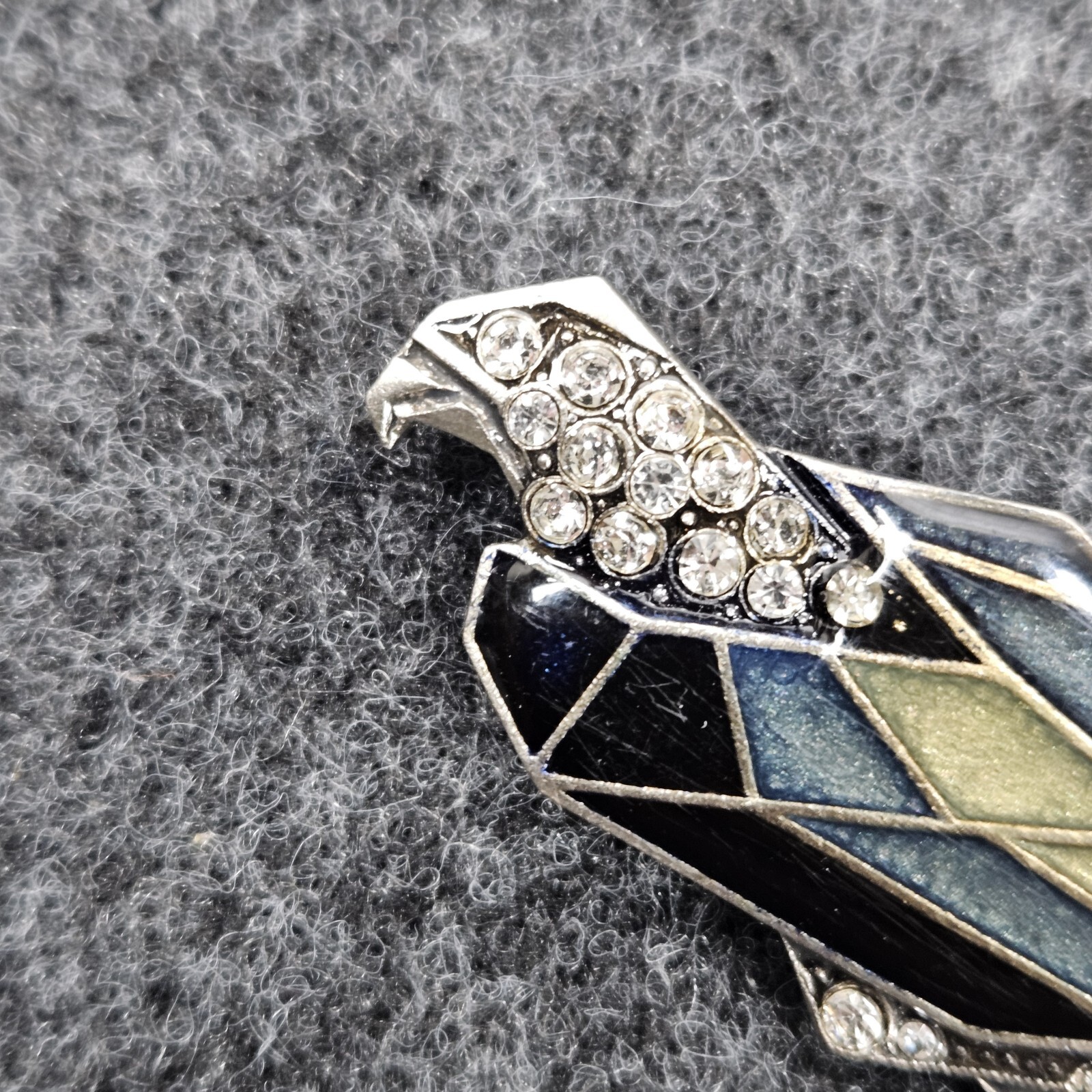 Art Nouveau Rhinestone EAGLE Brooch Pin Black Gray Yellow Enamel Silver Tone