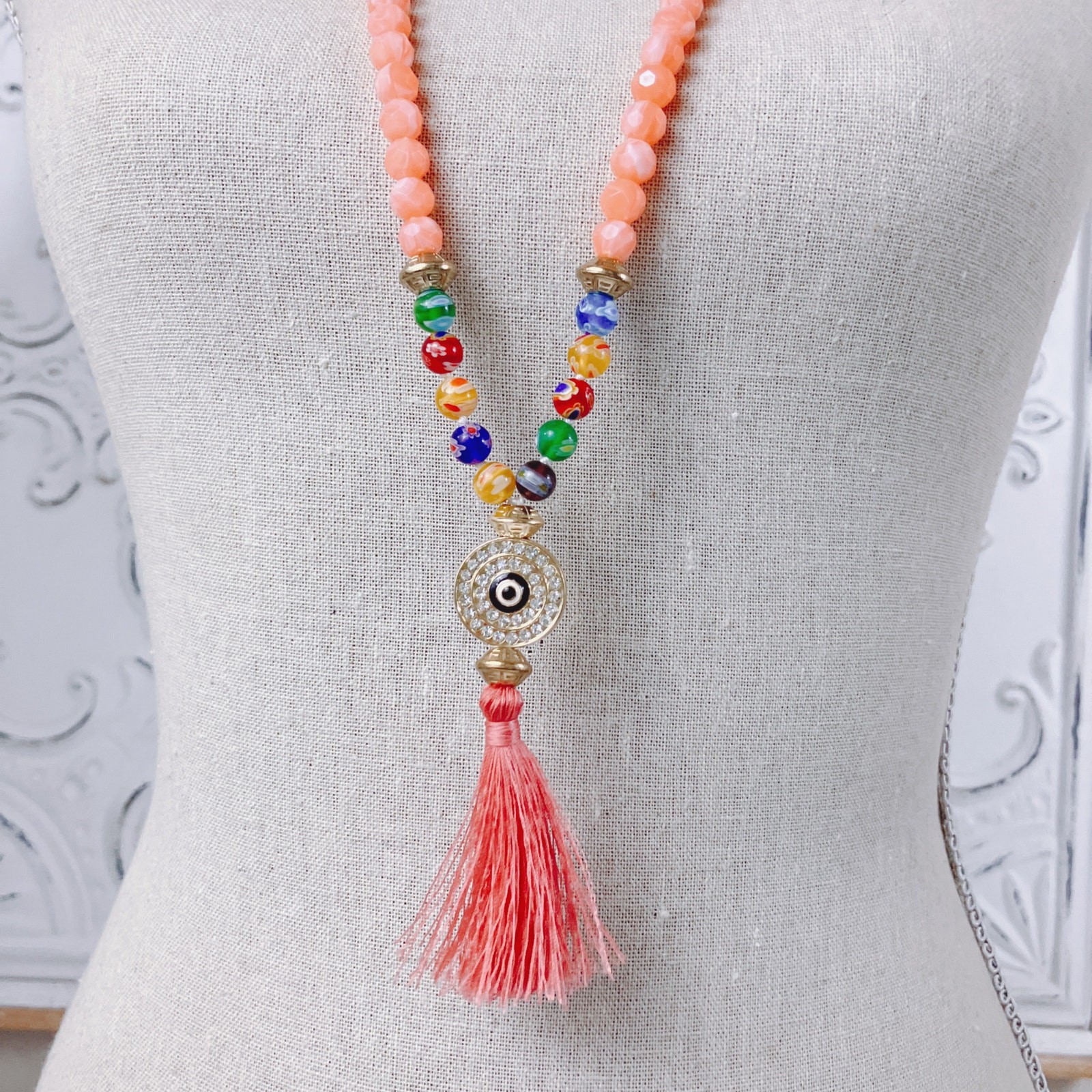 Boho Long Necklace Evil Eye Tassel Wood Coral Color Acrylic Bead Colorful 32–36″
