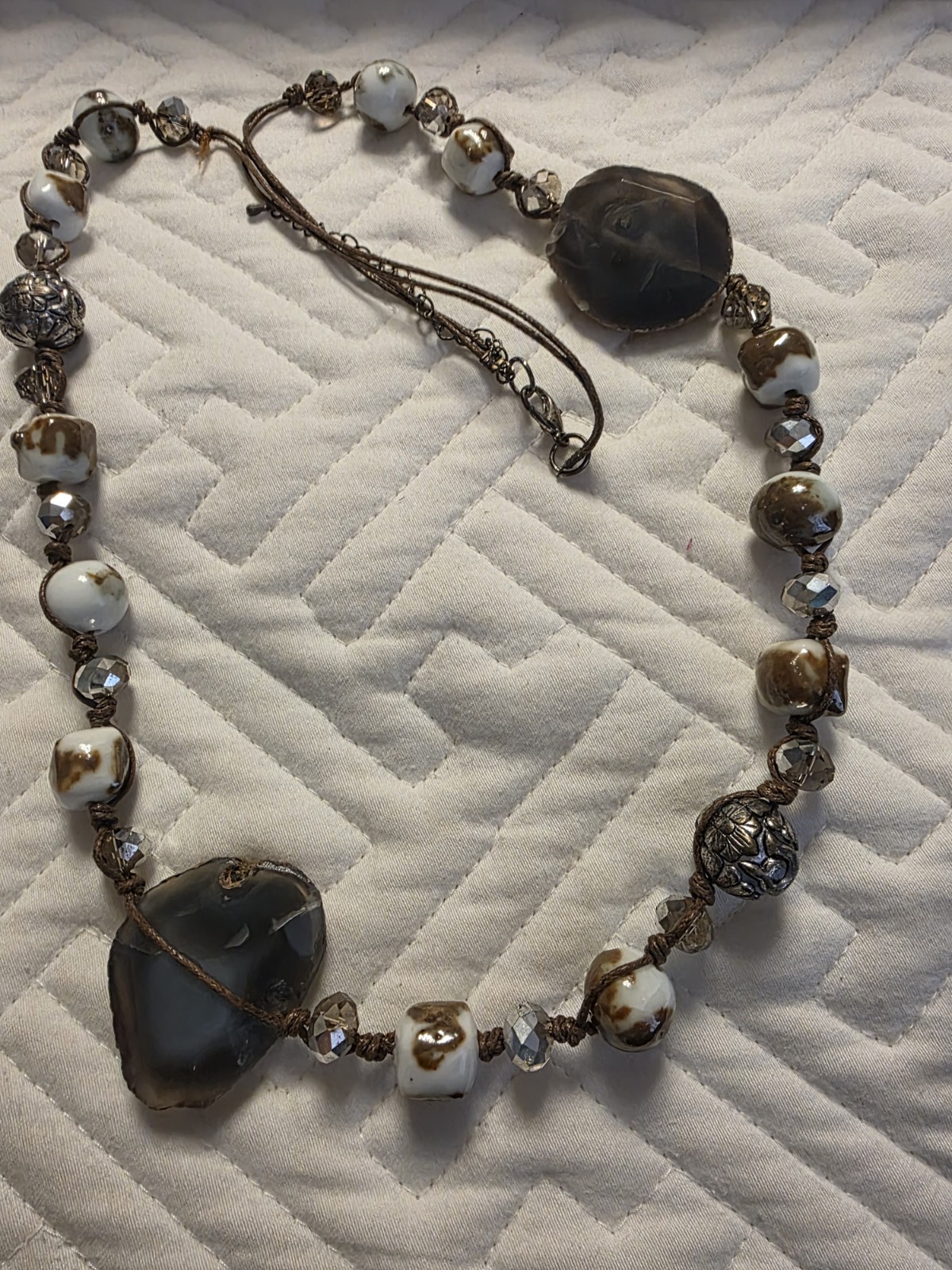 Brown & White Glass Beaded Bohemian Necklace Asymmetrical Charm Adjustable