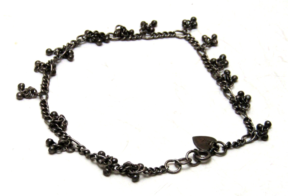 Sterling Silver 925 Chain Anklet Dangle Boho Beaded Charm 9″ – 10.7g
