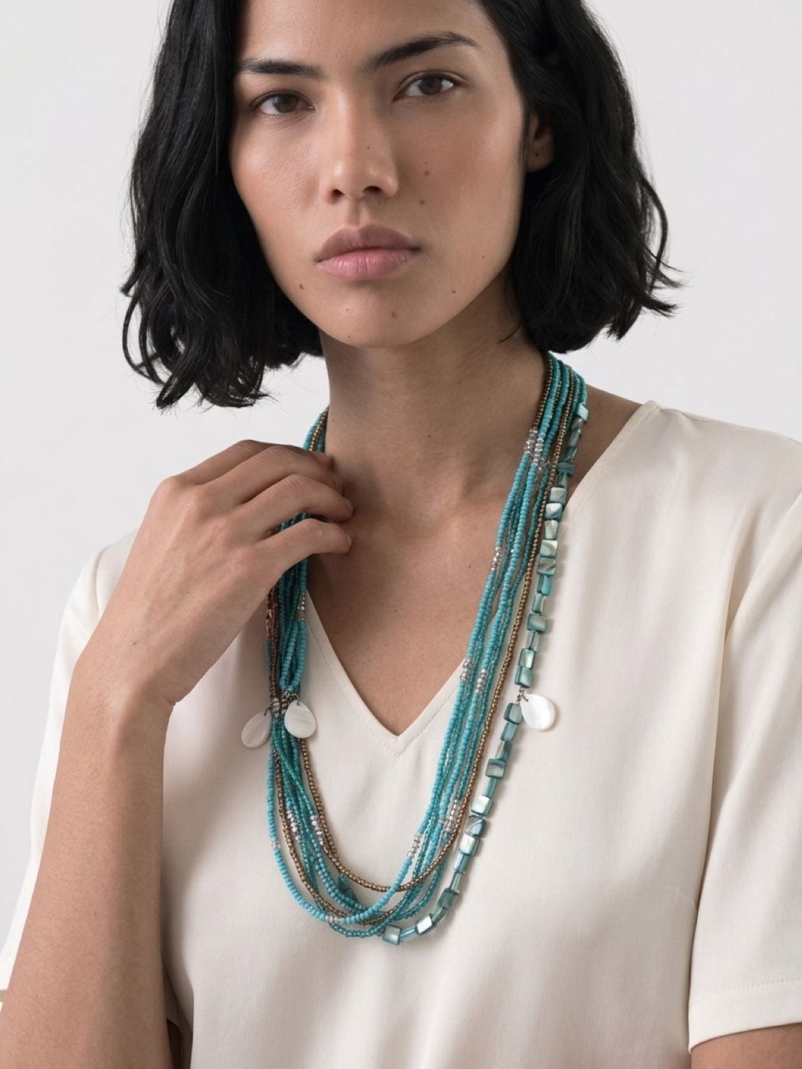 VJ Multi-Strand Blue and Bronze Seed Bead Necklace with Shell Accents