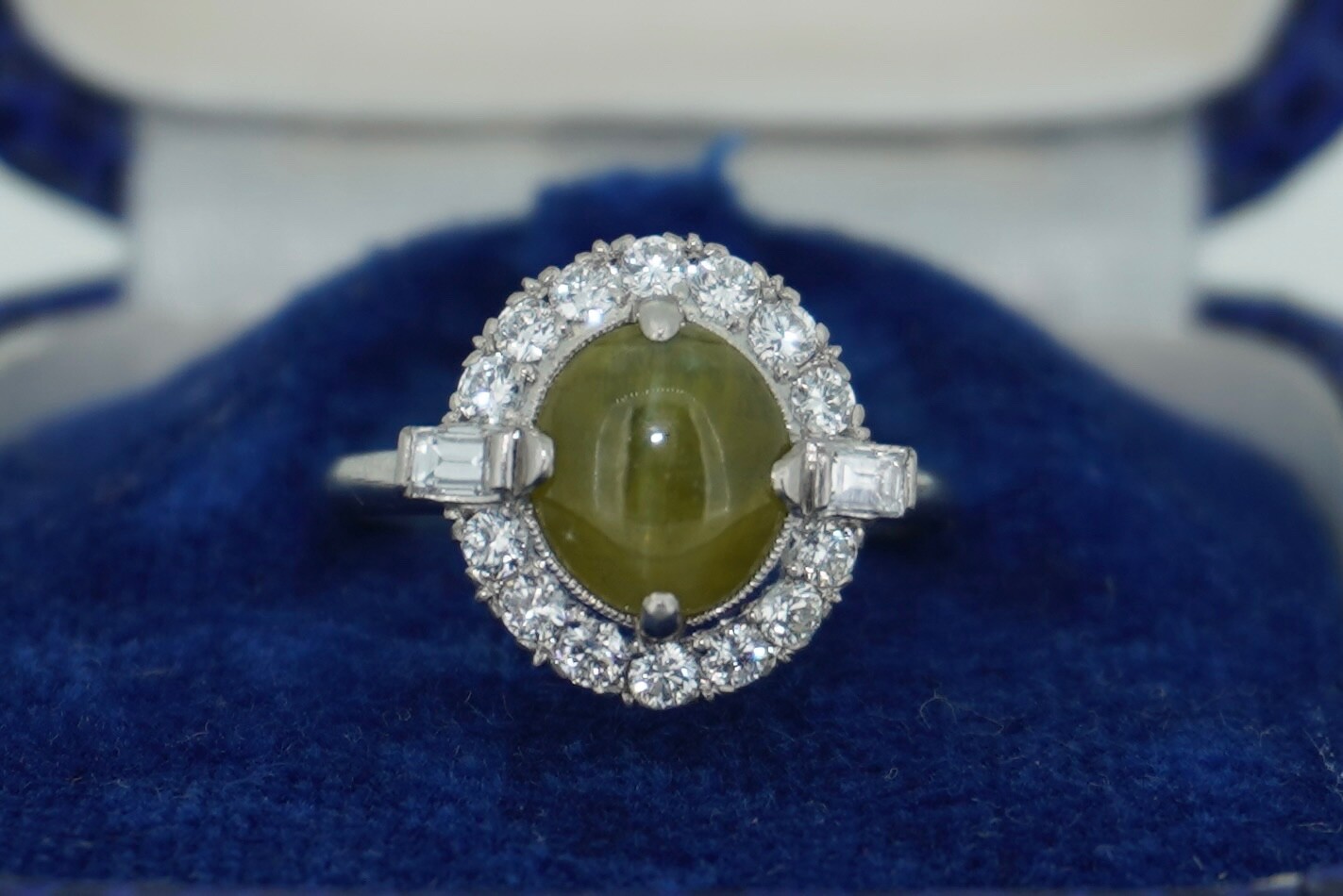 Platinum Cats Eye Chrysoberyl and Diamond Halo Ring