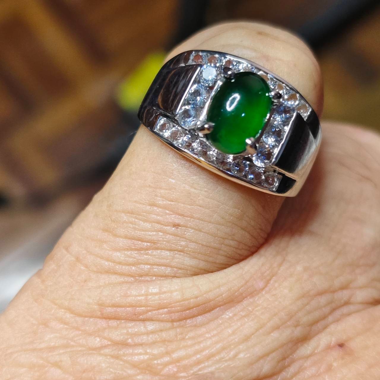6.4×5.4 mm TypeA Natural Burma imperial green jade white Topaz 925 Silver Ring