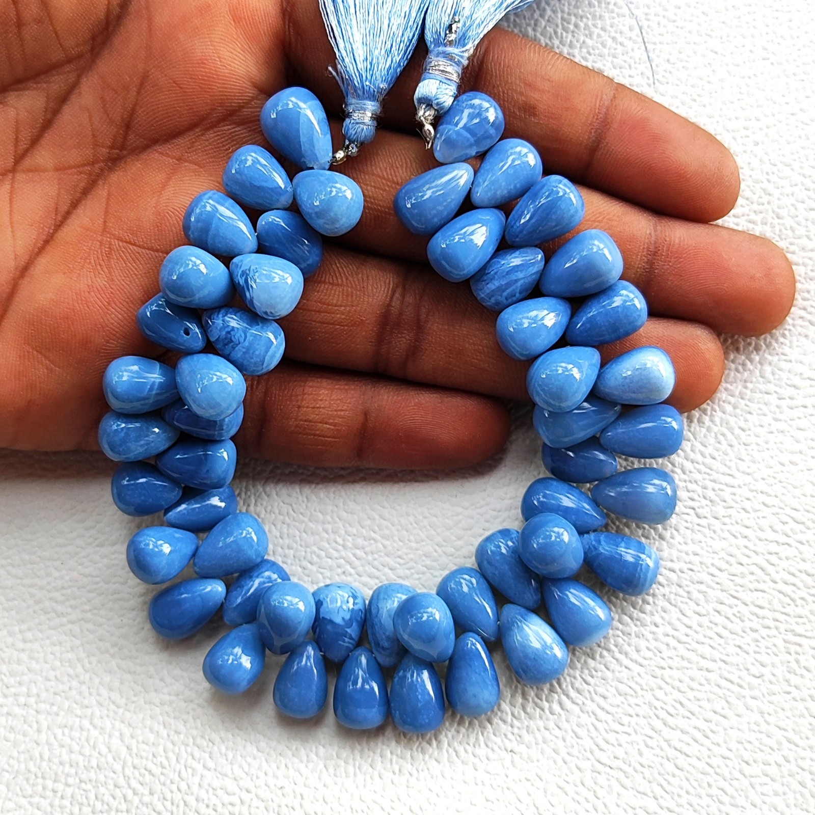 Peruvian Blue Opal Smooth Drop Beads 10×7-11x8mm Gemstone 8″ Strand