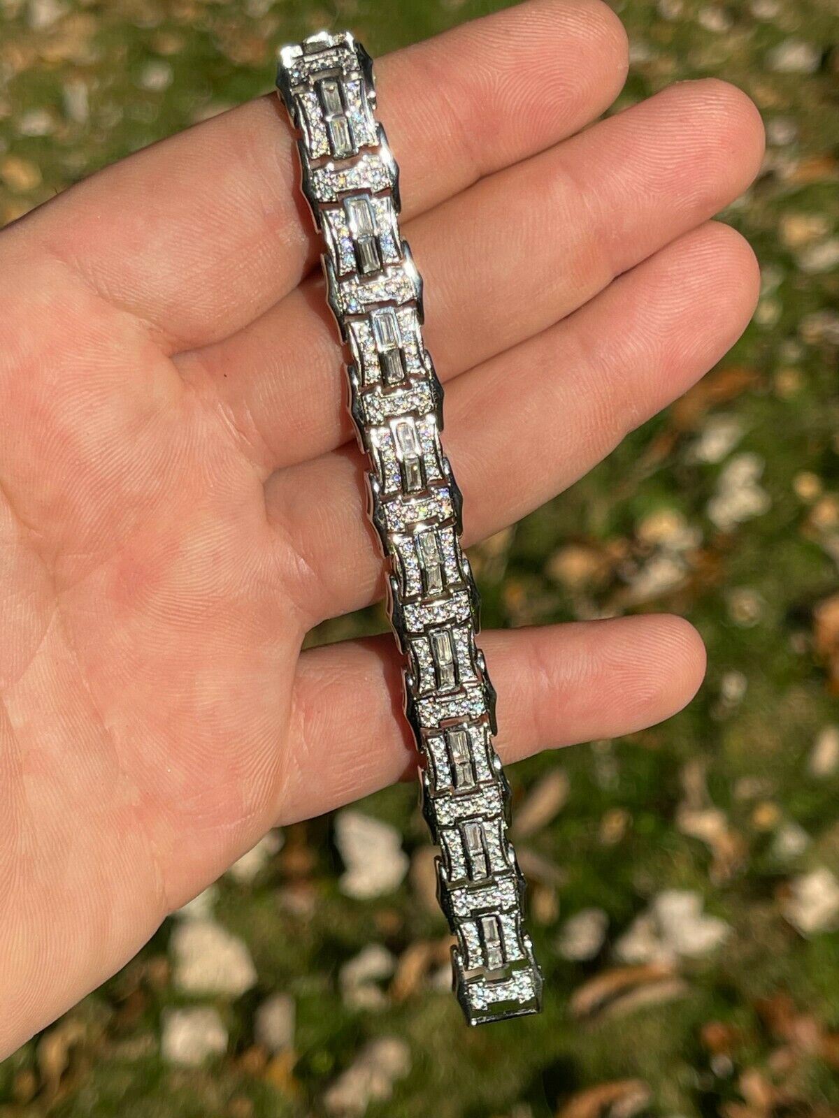 Men’s Real 925 Sterling Silver Iced Baguette Hip Hop Bust Down CZ Bracelet