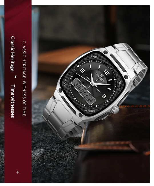 Men’s Alloy Square Watch Dual Display Quartz + Electronic Multi Functions 3Atm