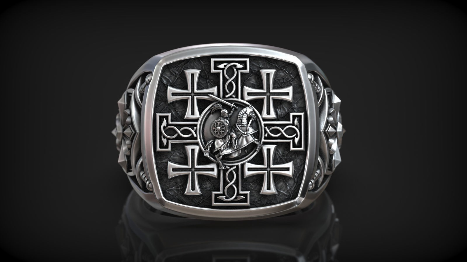 Oxidized Mens Jerusalem Cross Crusader Knight Medieval 925Silver Statement Rings