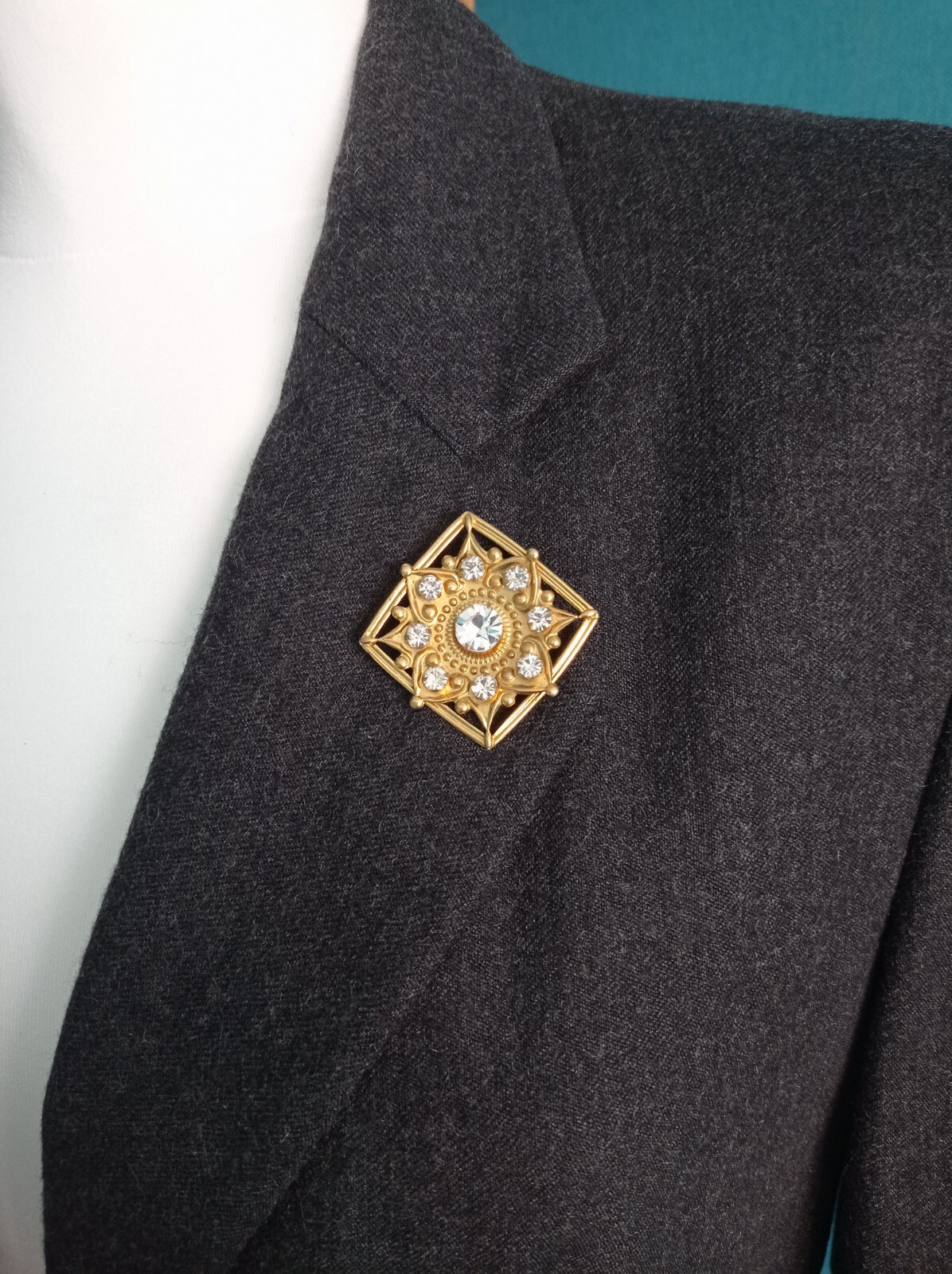 Vintage USSR Brooch | Art Deco Style | Gold Tone Brass with White Glass Stone