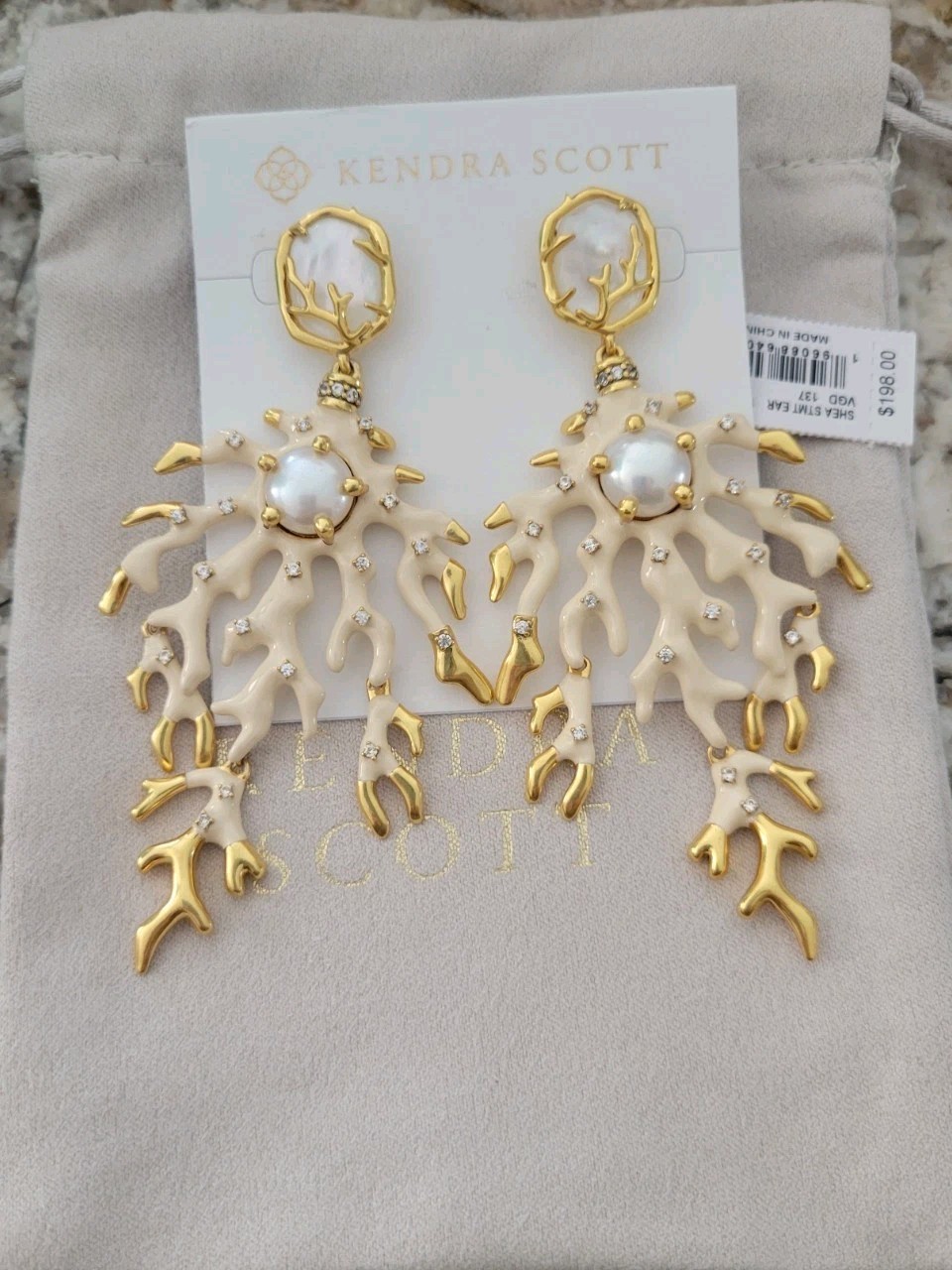 Kendra Scott Shea Statement Earrings Vinta Gold White Mix Pearl NWT $198 Pouch